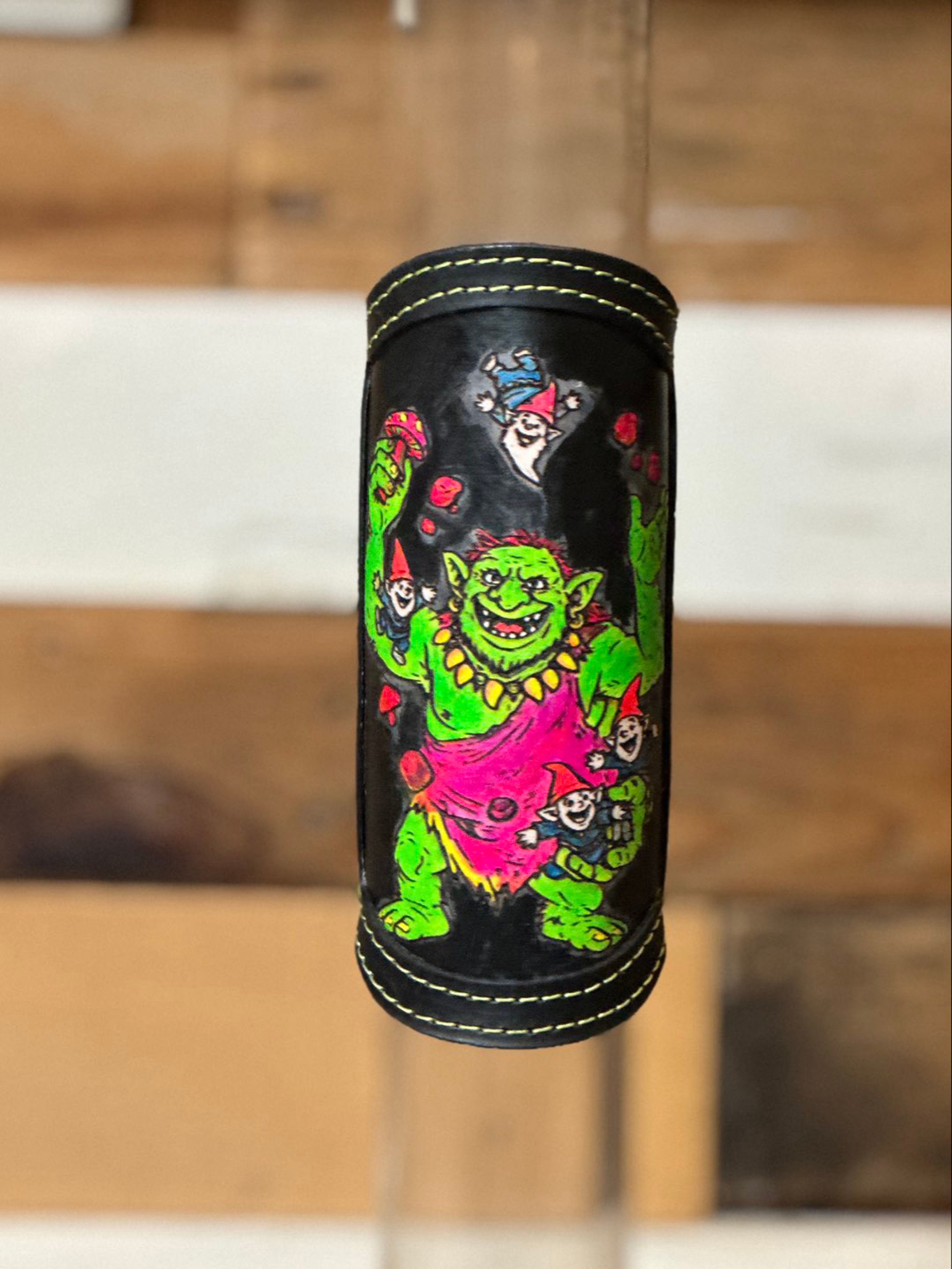 Preview pic of 3-in-1 Troll & Gnome RipGrip | UV + Glow + Daylight | Fits 12–15” Glass | Hand-Painted Leather