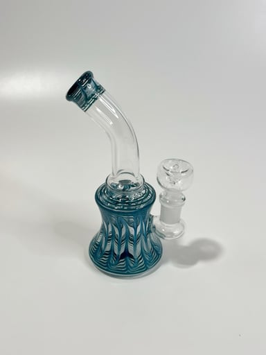 Preview pic of 7" Mini Glass Jammer Water Pipe Feathered Blue White w/ Round Bowl