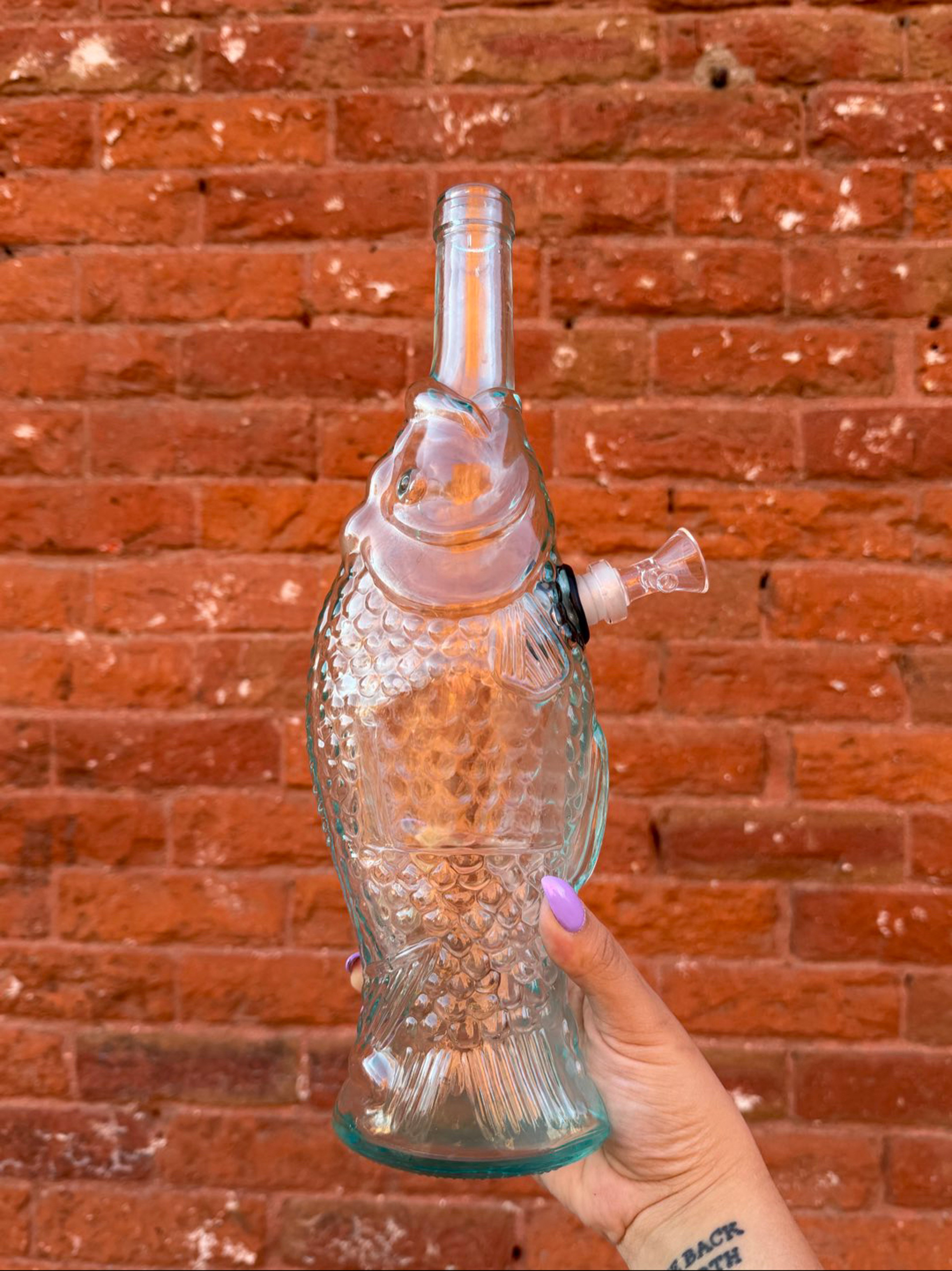 Preview pic of vintage 1990s upcycled fish decanter with custom bent stem