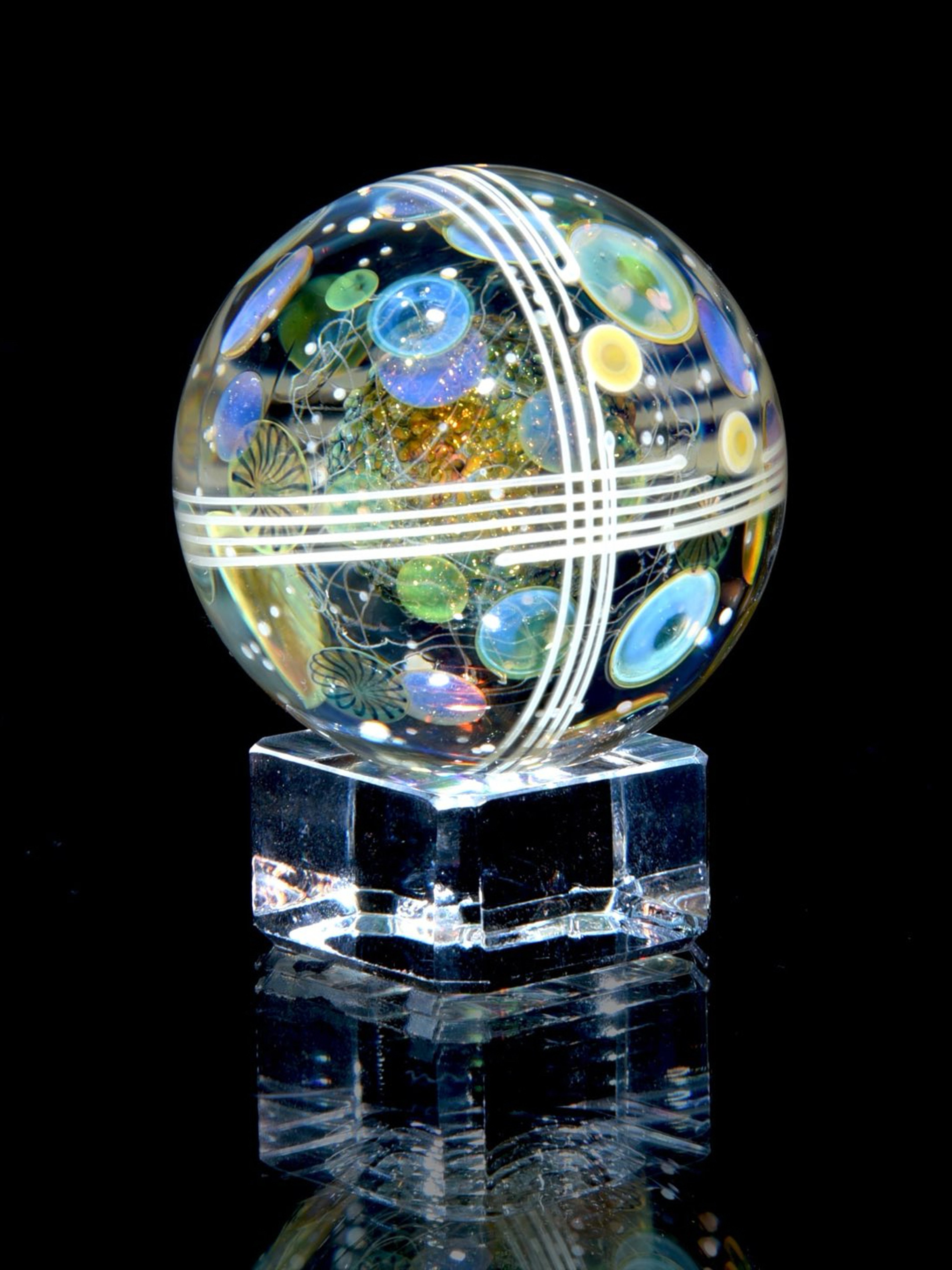 Preview pic of Badback Glass - 1.645” Marble - Triple Layer Millie Swirls/Fume Metallic Core/UV Stringer Tech