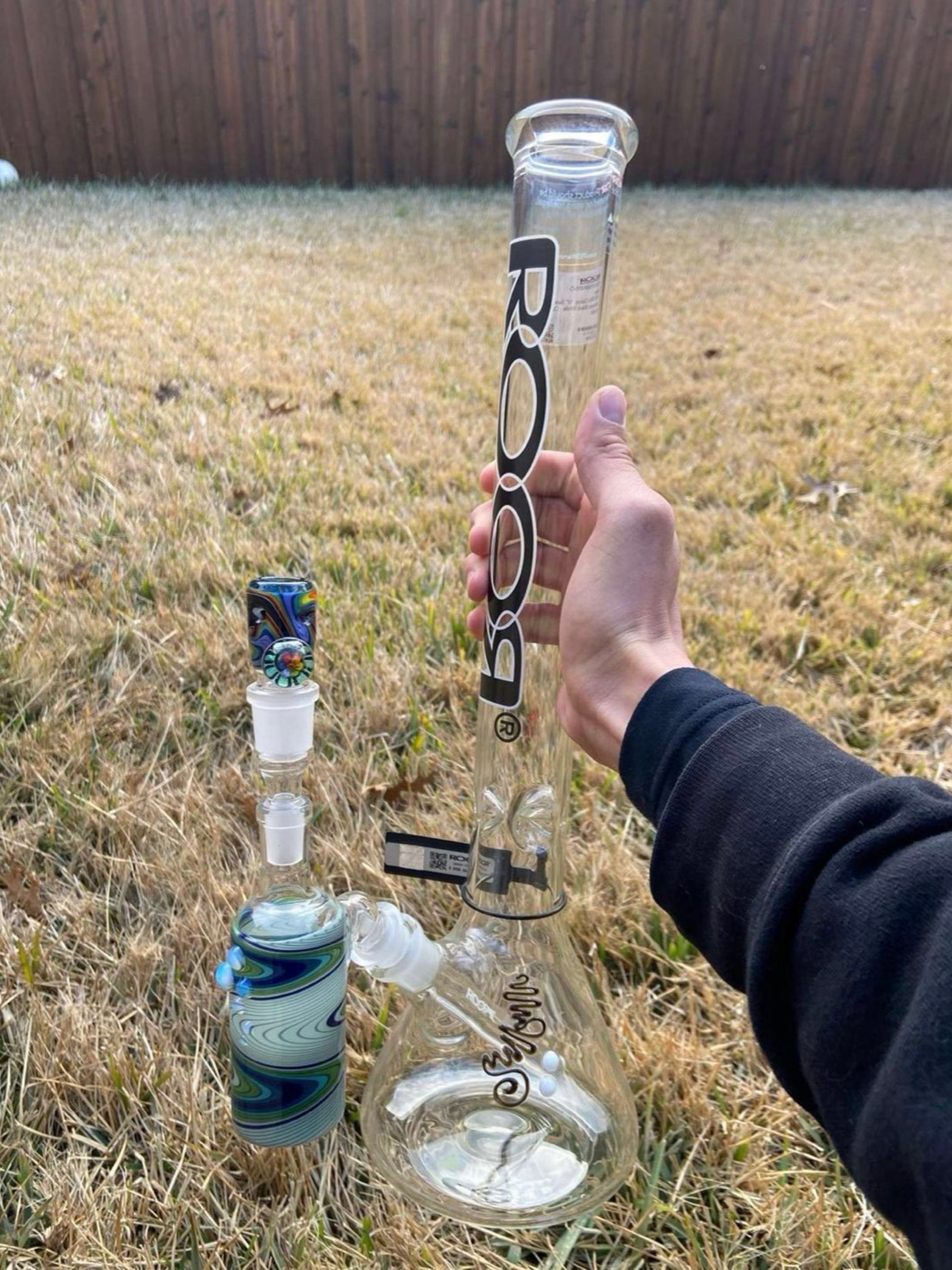 Preview pic of BRAND NEW! RooR 18 inch beaker white/ black logo, also includes: Duststorm Glass worked ashcatcher, Black Tuna Glass worked dichro Murakami mille slide, RooR slide