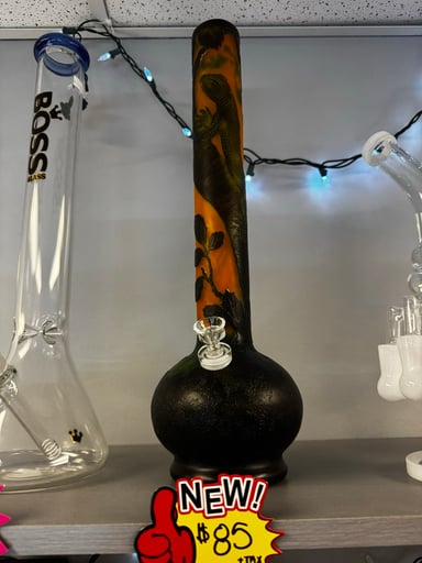 Preview pic of Sandblasted Glass Bong w/ Artistic Lizard Design – Large Straight Tube Water Pipe | 14mm Bowl | Premium Frosted Glass