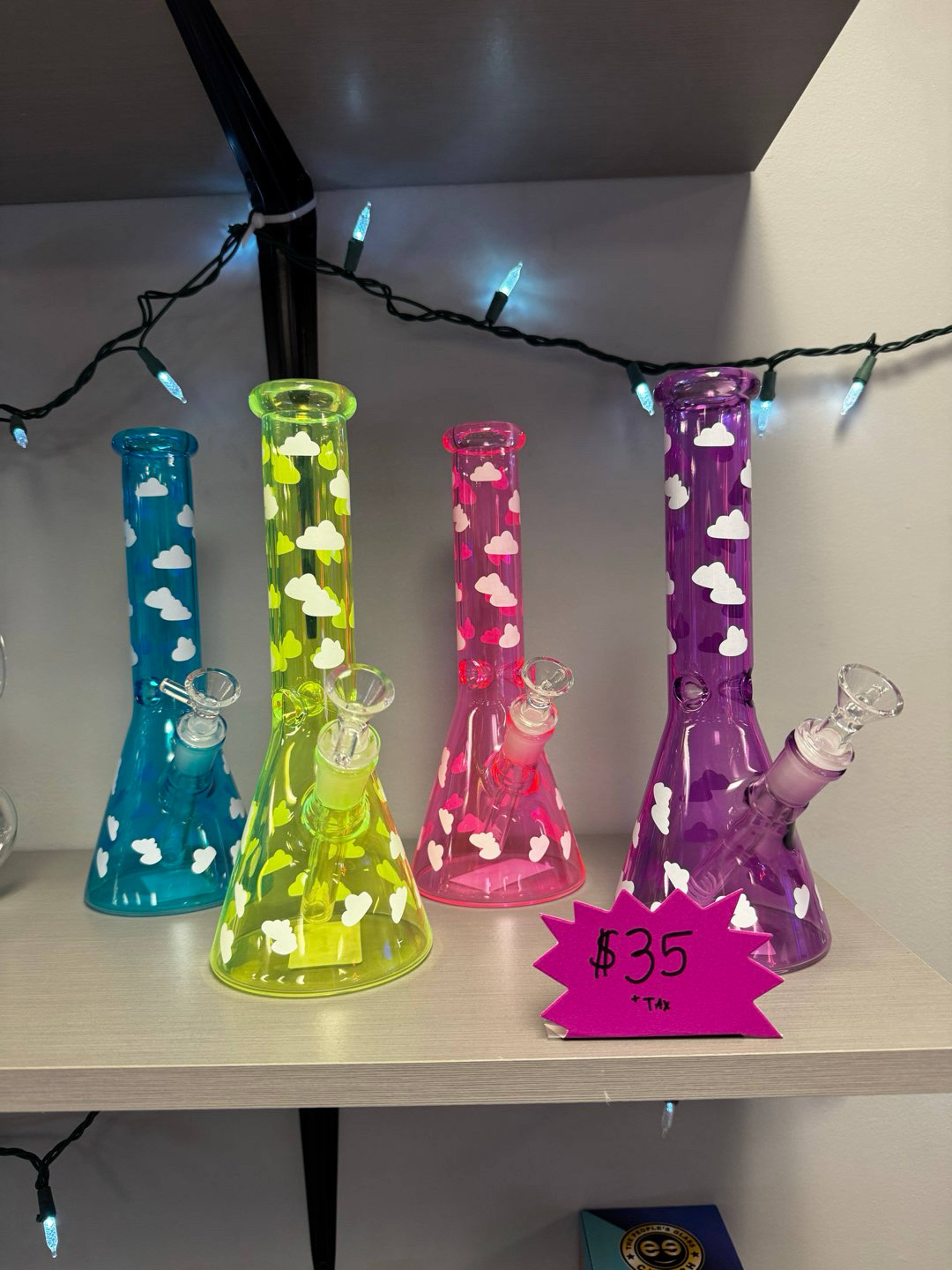 Preview pic of Fluorescent Colored Glass Beaker Bong w/ Cloud Design – 14mm Bowl Water Pipe | Thick Glass | Multiple Colors