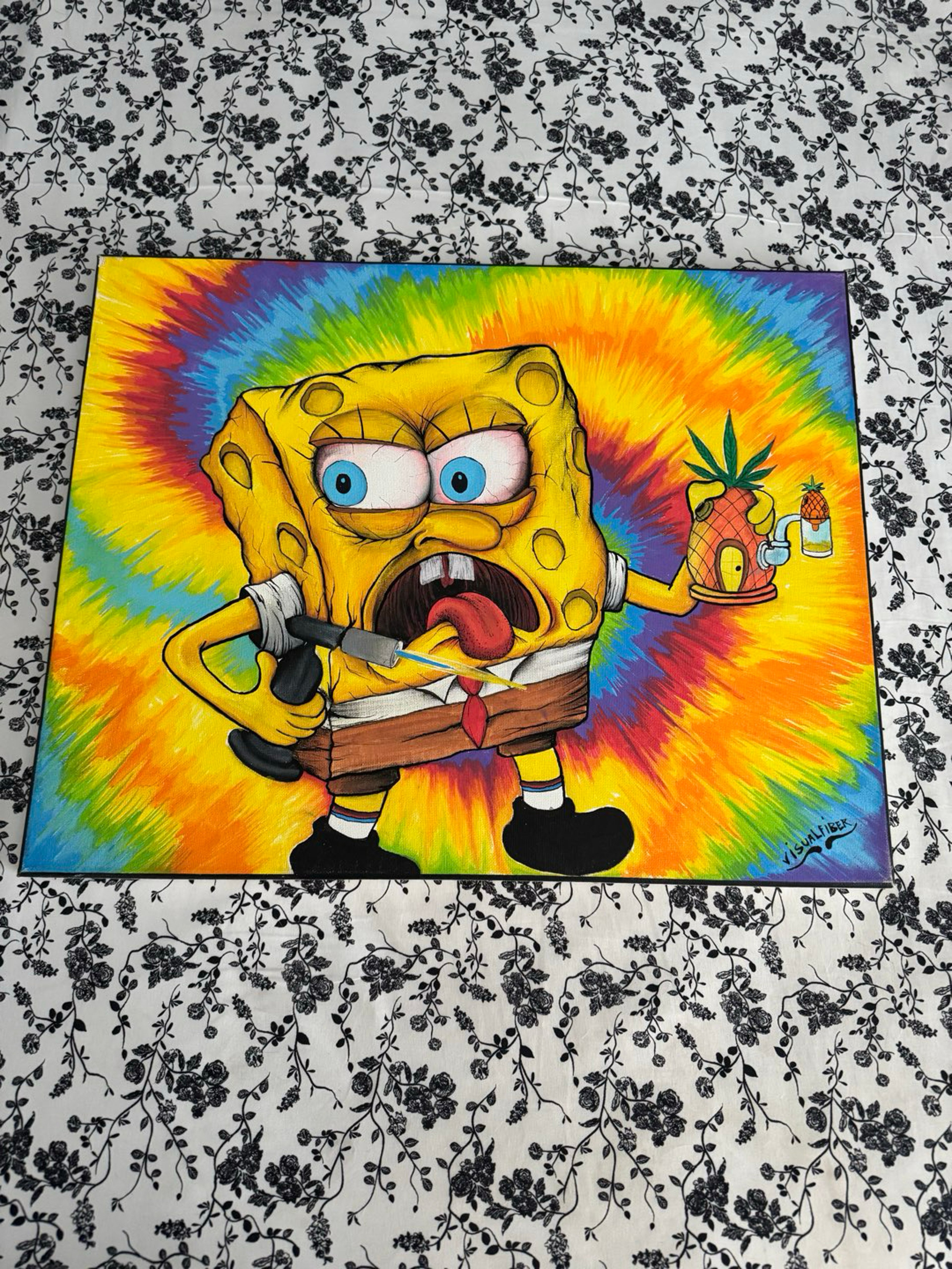 Preview pic of Visual Fiber Hand-Painted SpongeBob Canvas (16x20)