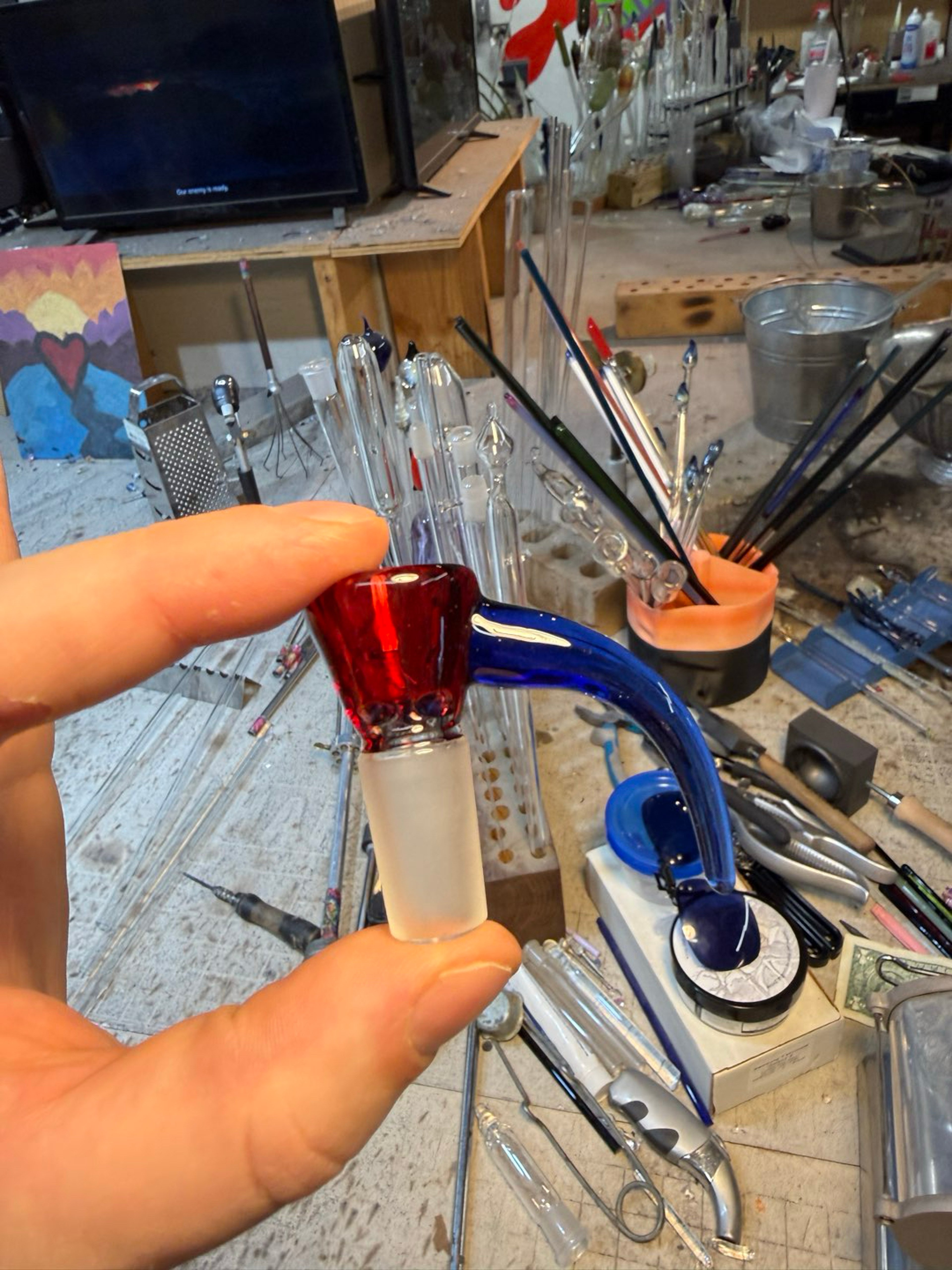 Preview pic of 14mm pomegranate and cobalt 3 hole slide