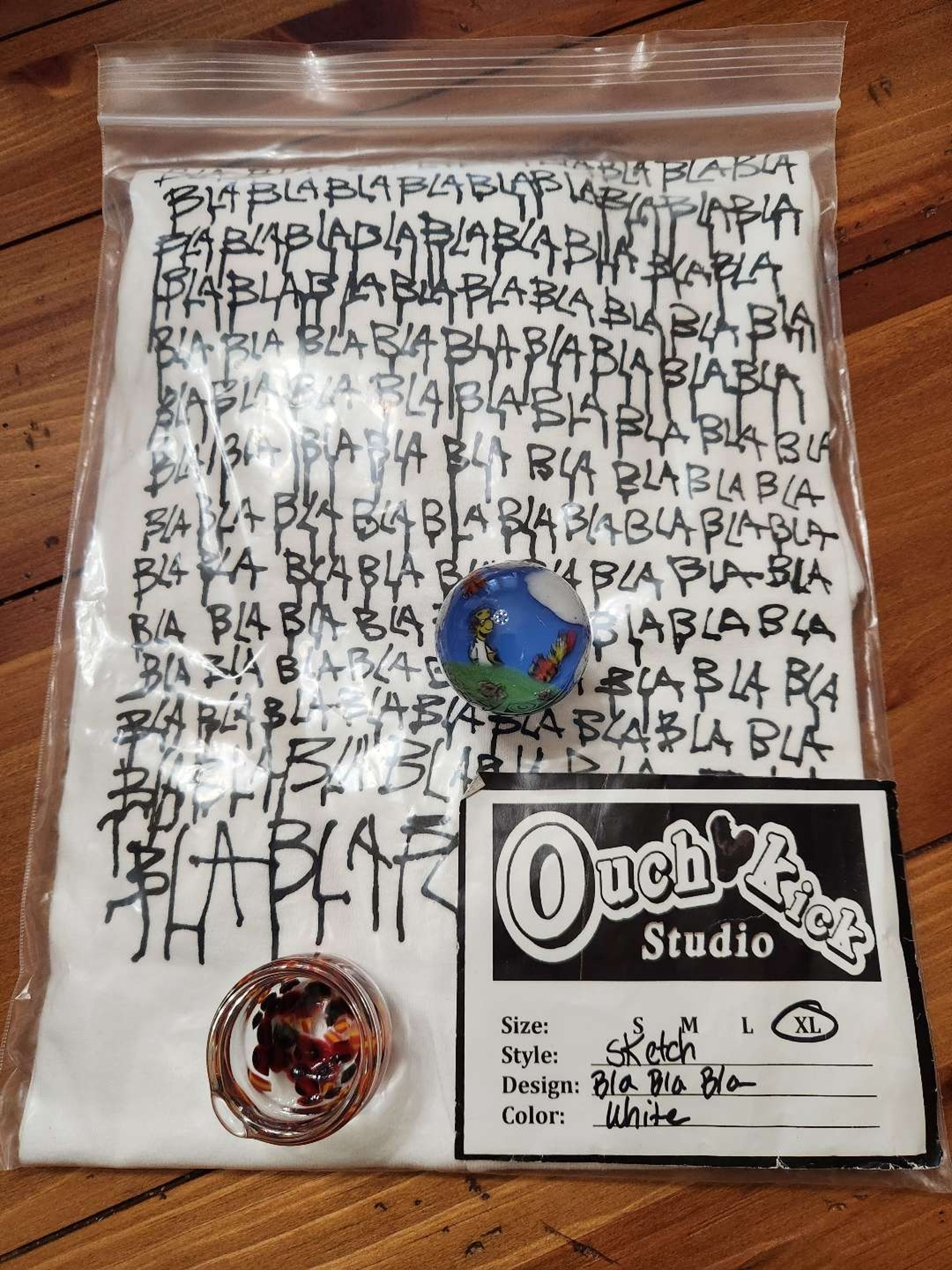 Preview pic of 3 item lot (Ouchkick t shirt, Simpson marble, chunk glass millie dish)
