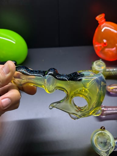 Preview pic of Heady Glass Fumed Sidecar Hammer Hand Pipe with Donut Hole & Aventurine Spine