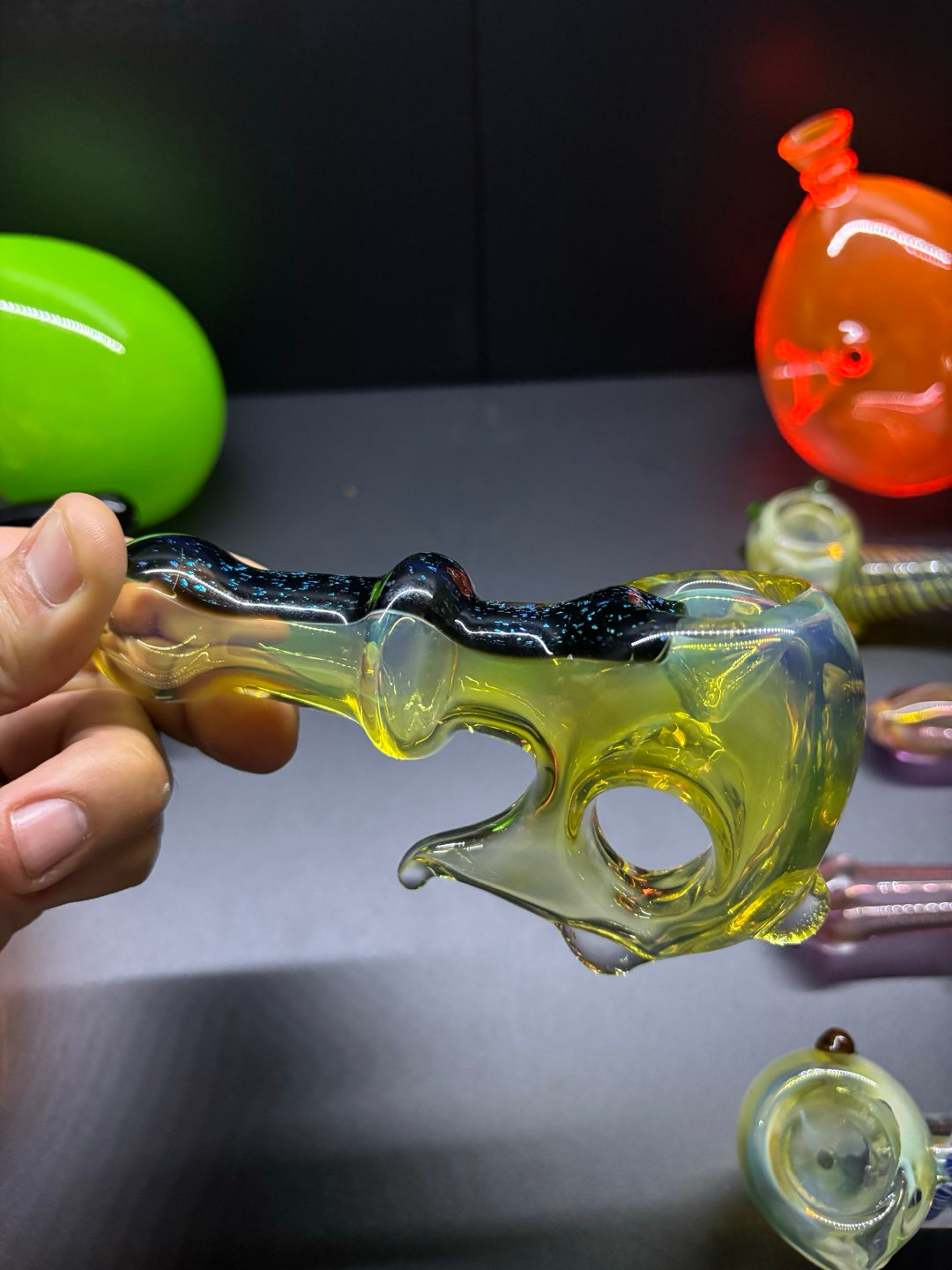 Preview pic of Heady Glass Fumed Sidecar Hammer Hand Pipe with Donut Hole & Aventurine Spine
