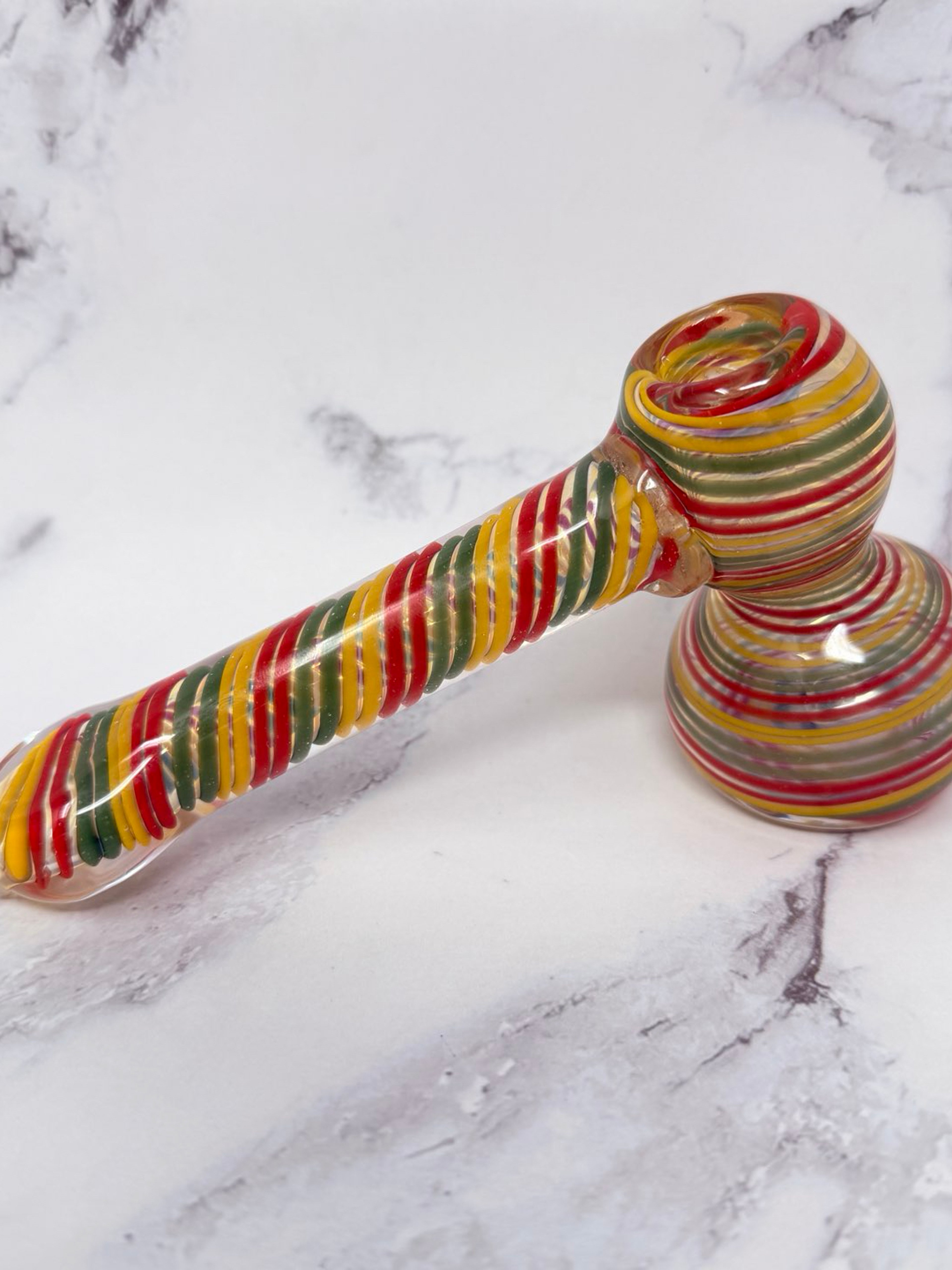 Preview pic of 6.5” Handmade Thick Rasta Swirl Hammer Bubbler Smoking Bowl Glass Pipe