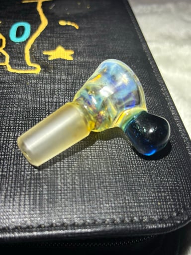 Preview pic of *Langford Lampworks* 14/4Hole Bowl Slide Ghost over Amber / Blue Stardust Handle