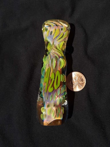 Preview pic of 4:20, inside out, color changing, borosilicate glass chillum with a flattened mouth