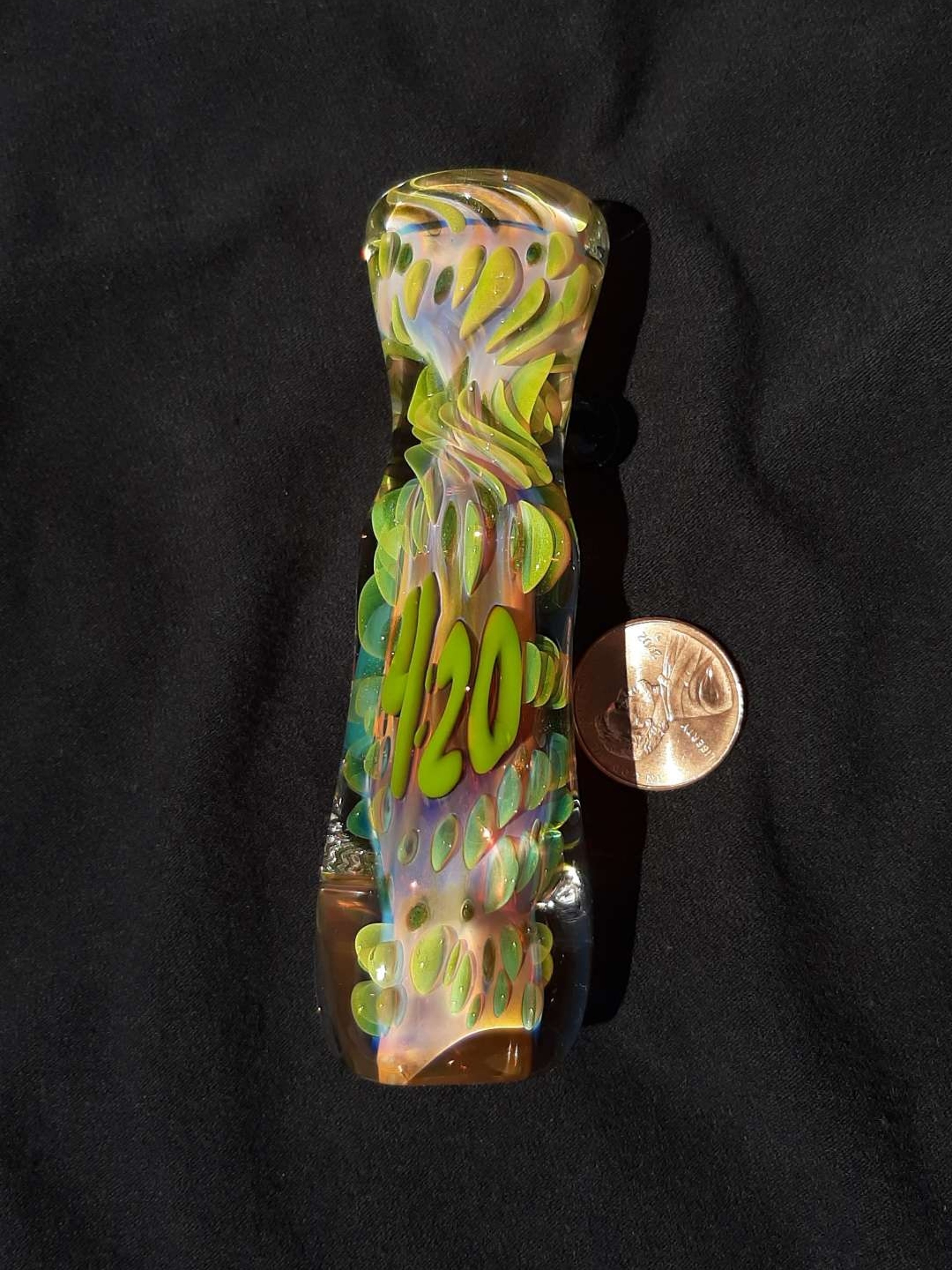 Preview pic of 4:20, inside out, color changing, borosilicate glass chillum with a flattened mouth