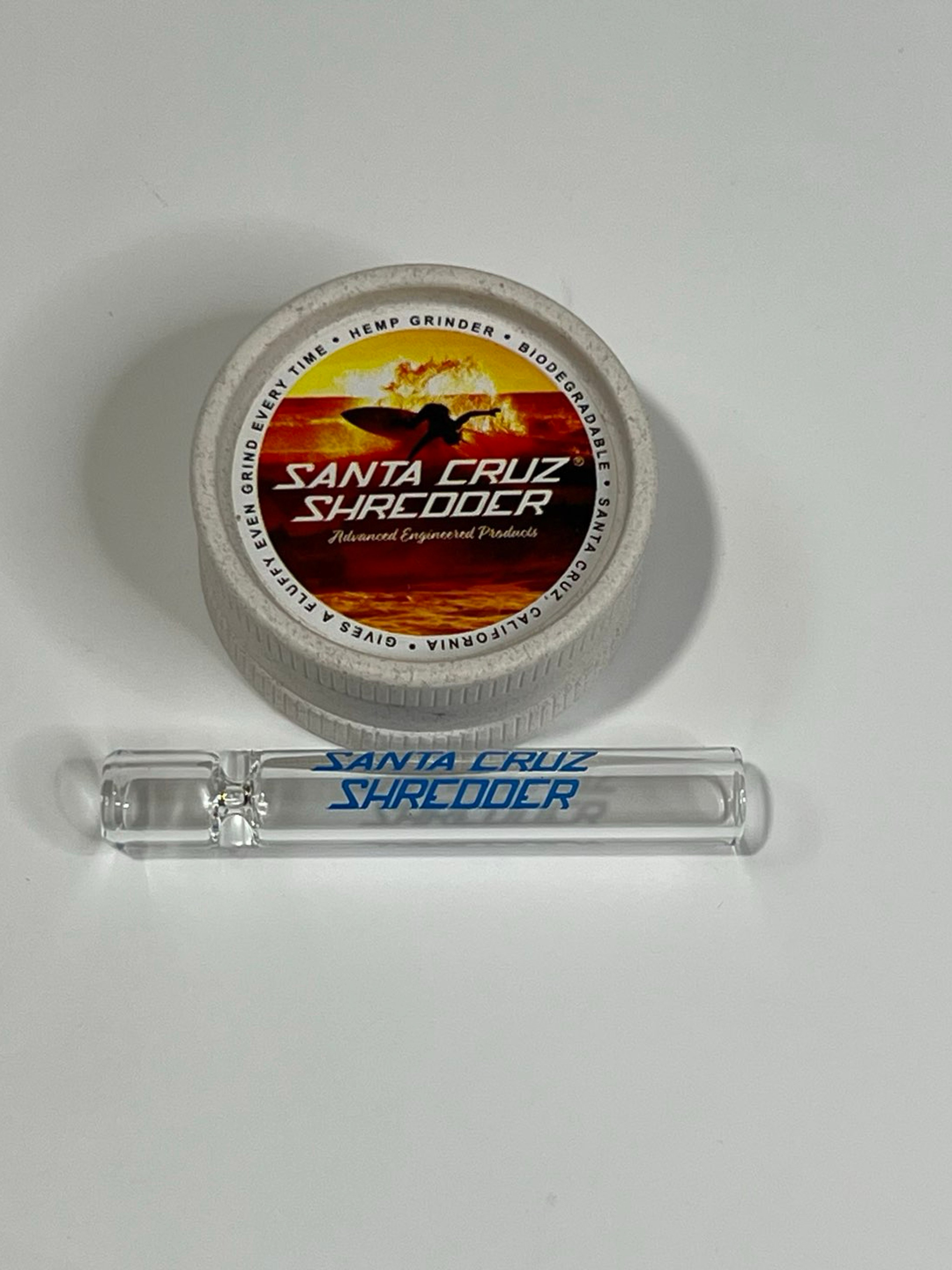 Preview pic of Santa Cruz Shredder White 2pc Hemp Grinder + 3" Taster Combo
