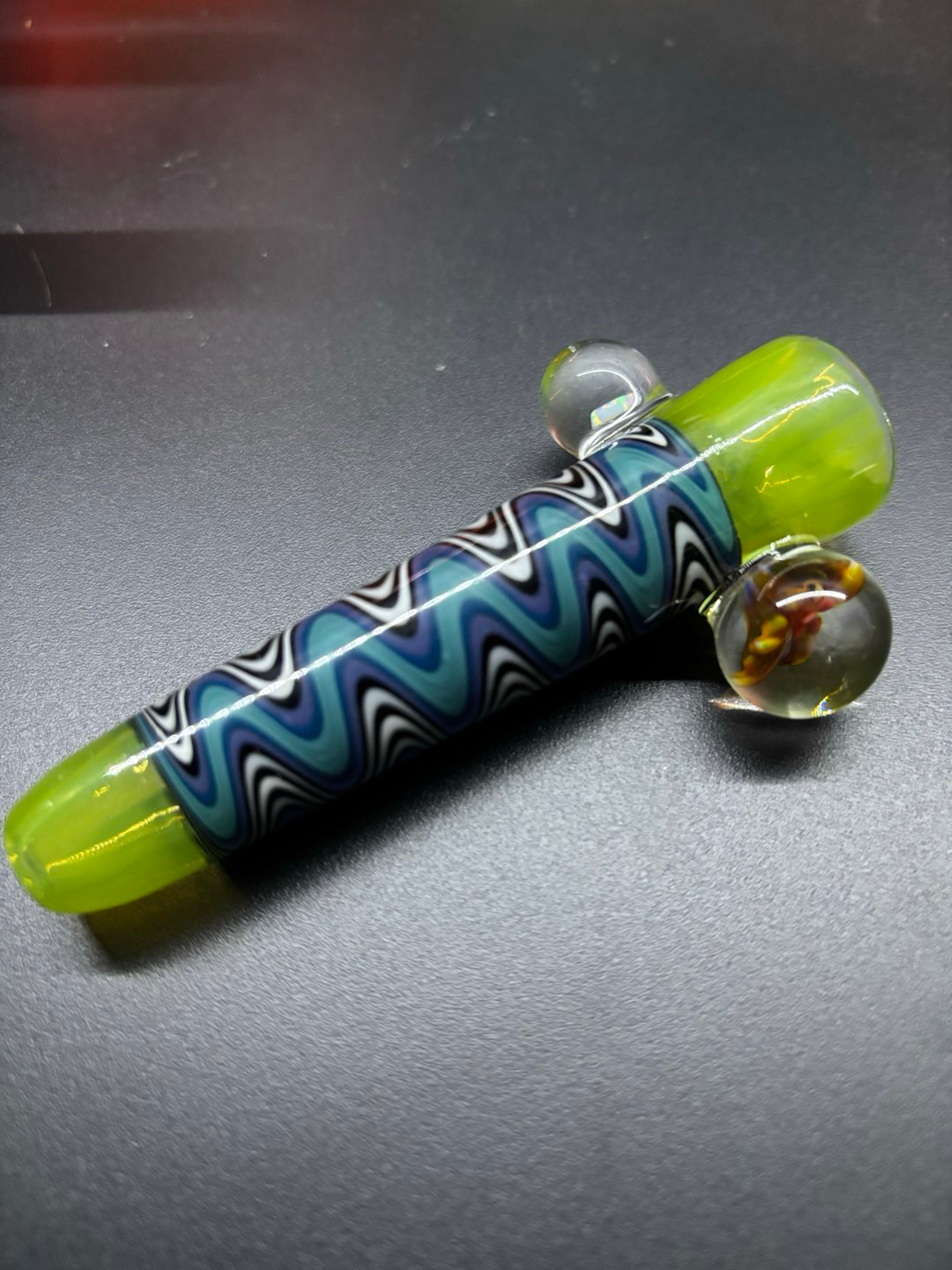 Neon green and blue chillum w/ opal and flower image 0