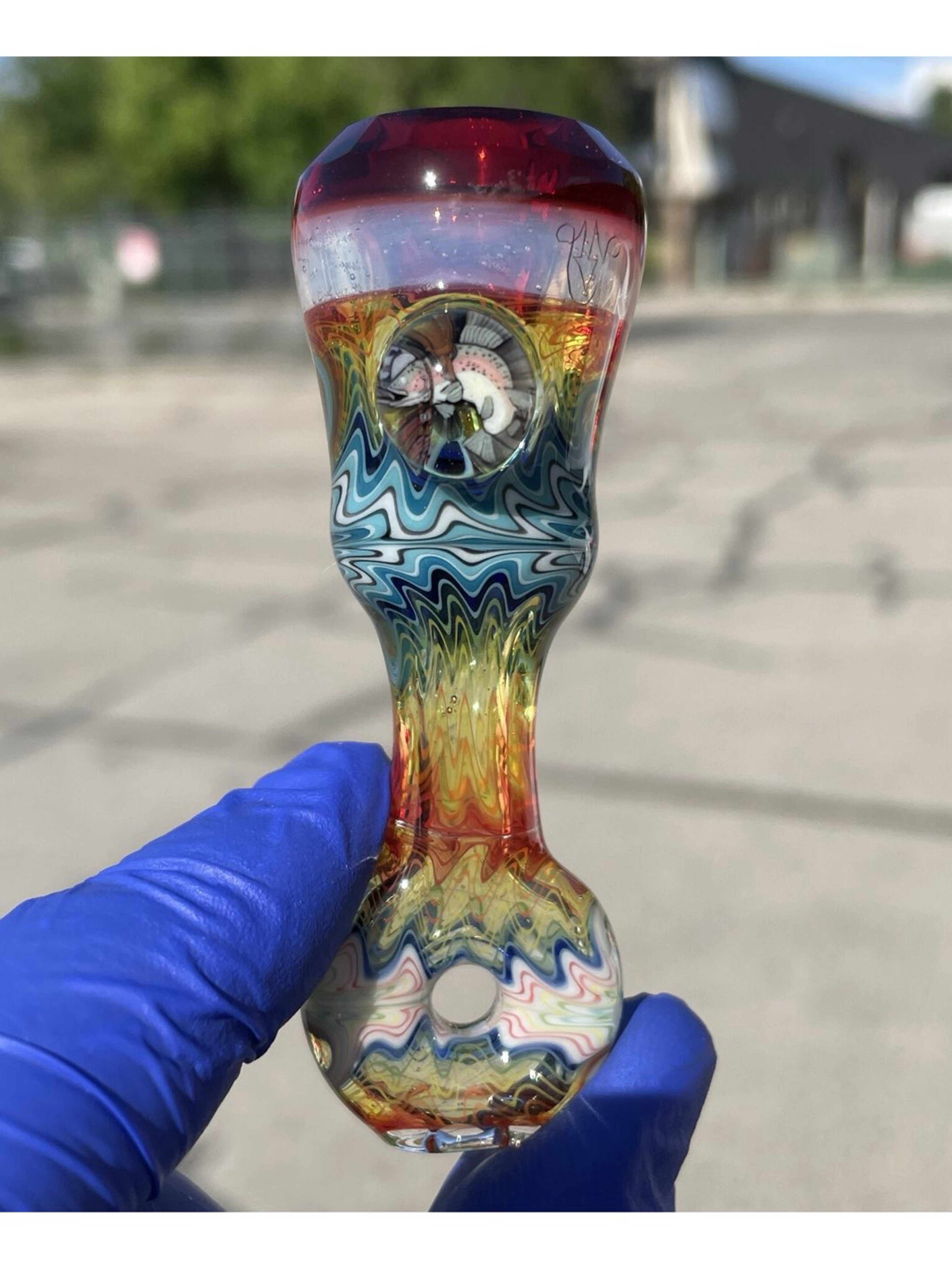 Preview pic of Brand New Cowboy Glass Fish Whistle Faceted Onie Garnet And Glowstick UV