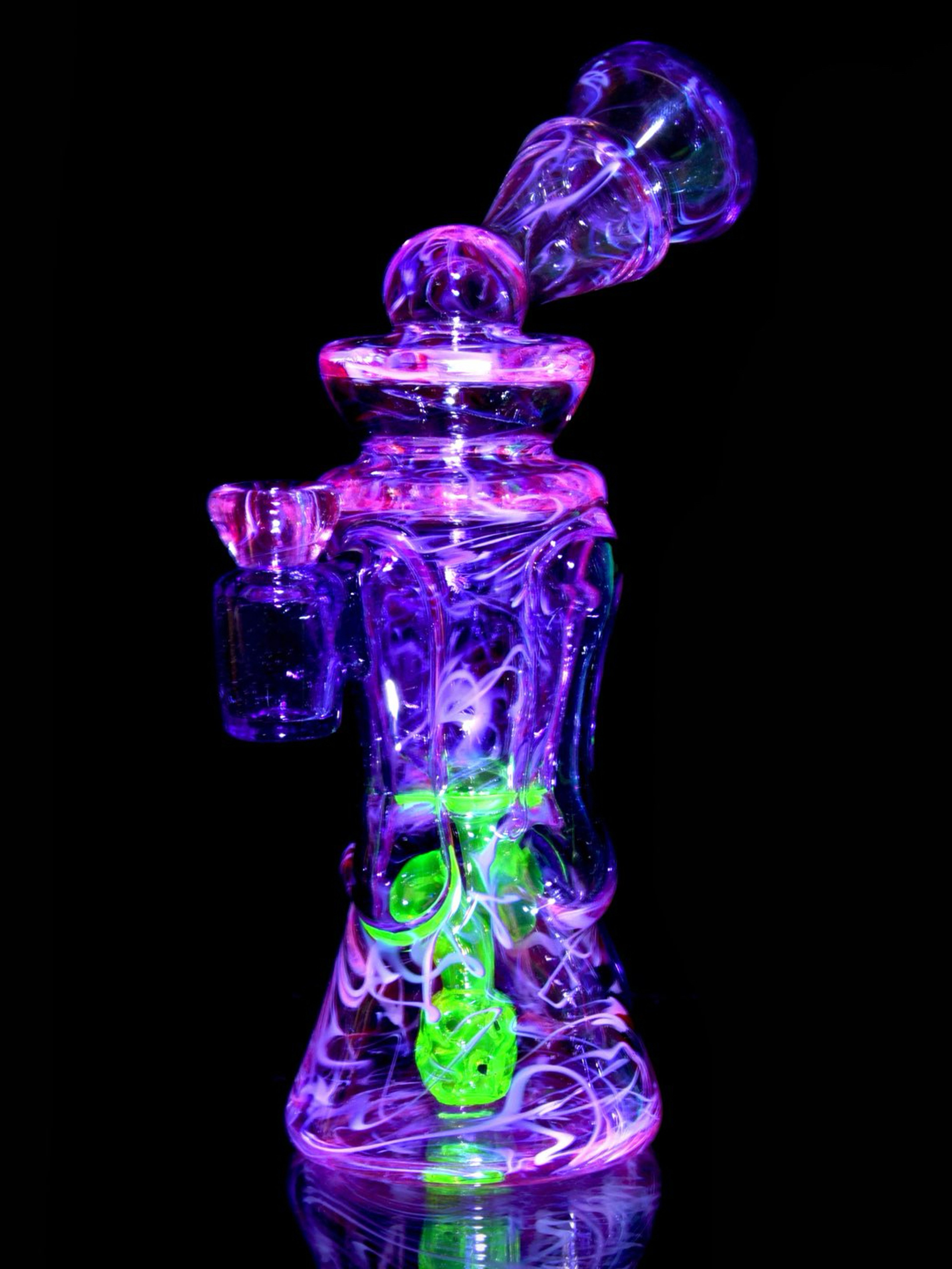 Preview pic of Rycrafted - UV Reactive Fully-worked Full-size Double-uptake Rycycler - Electric Flamingo/Lotus White/Royal Jelly/Telemagenta/Pastel Potion/Ion Pattern Tech - 10mm Female