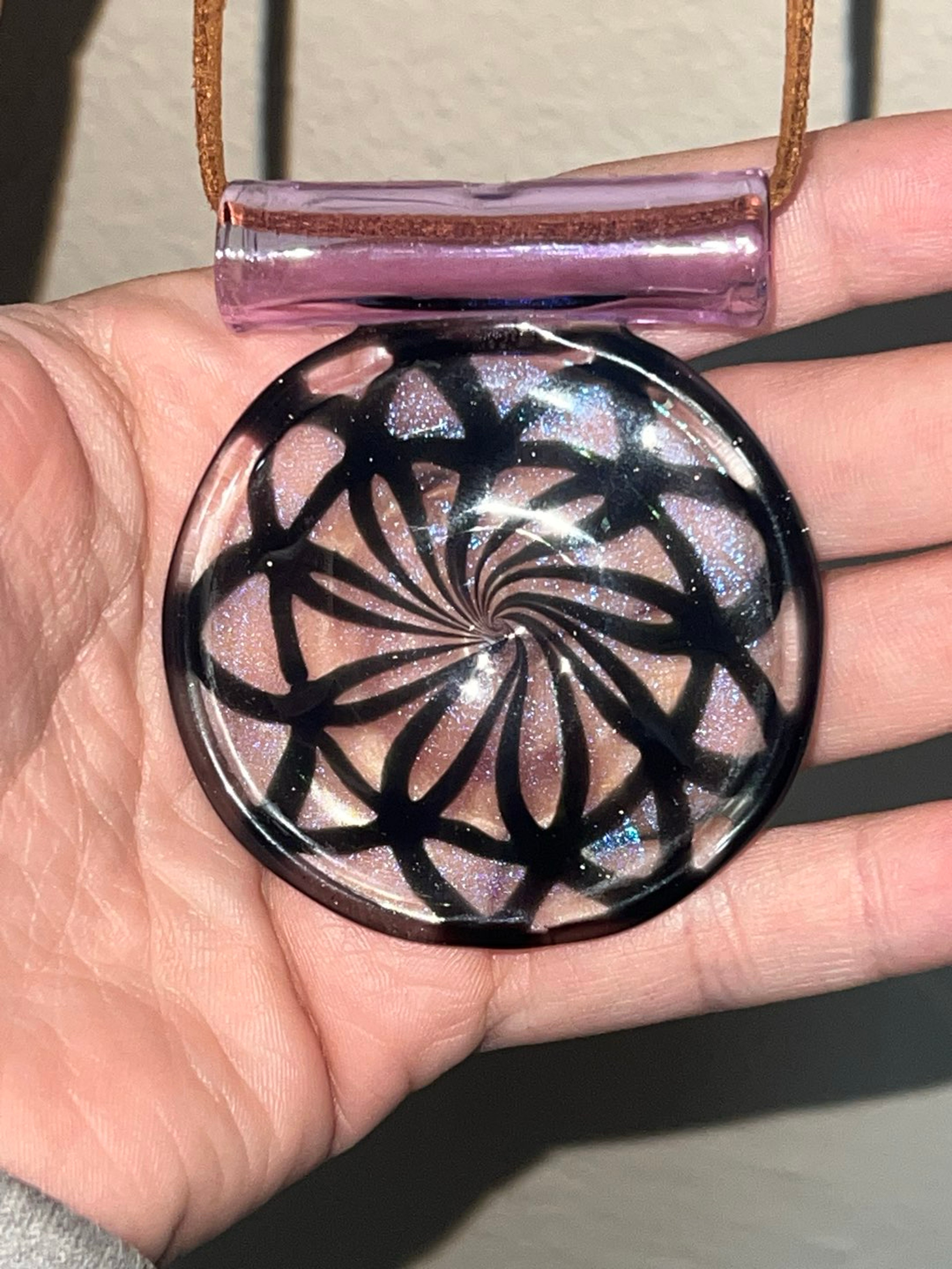 Disc flip coin pendant with blue dichro and Gemini bail. image 0