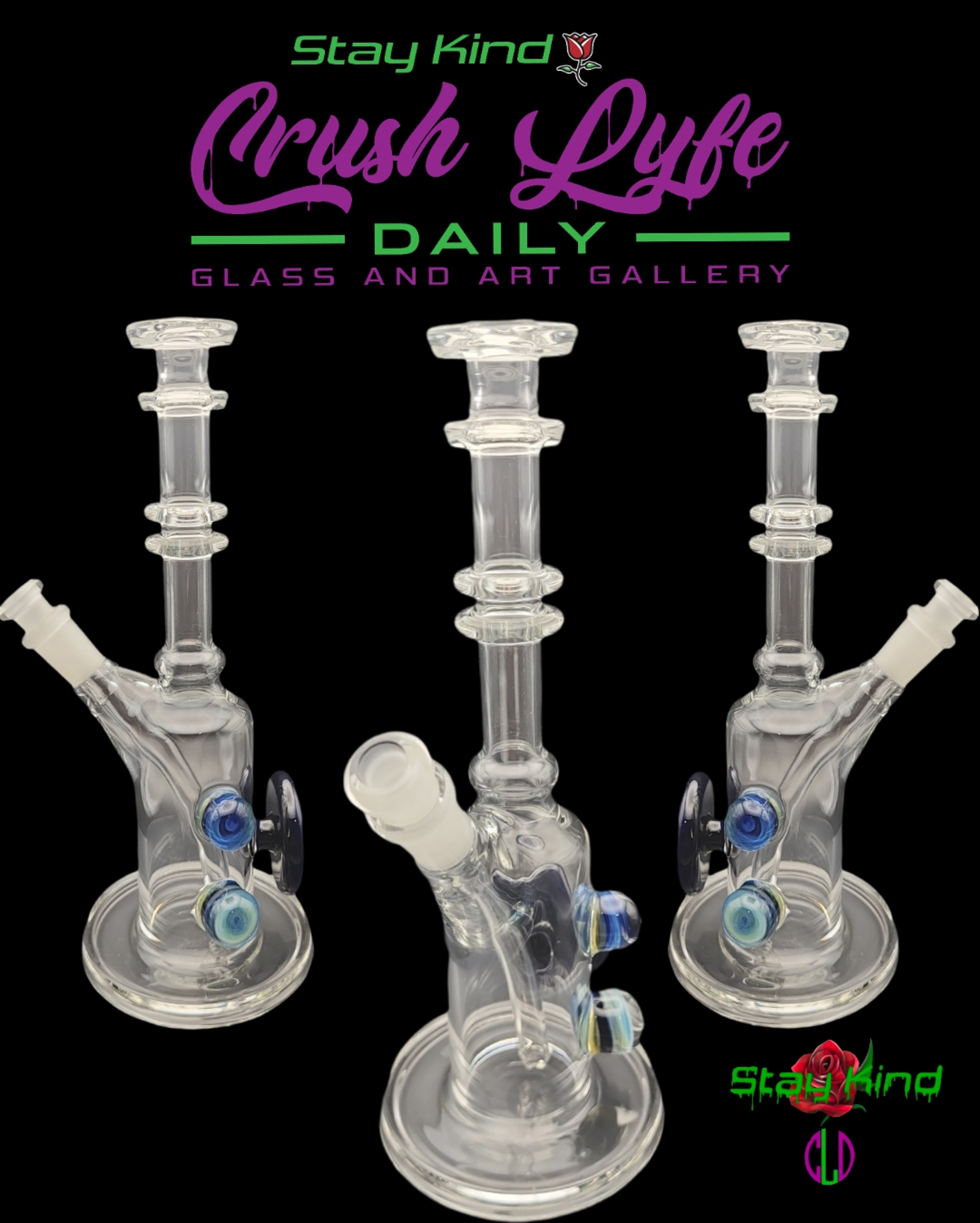 Preview pic of BeerGlass 9-Inch Clear Straight Tube With Cobalt Blue Choas Disc And Accents