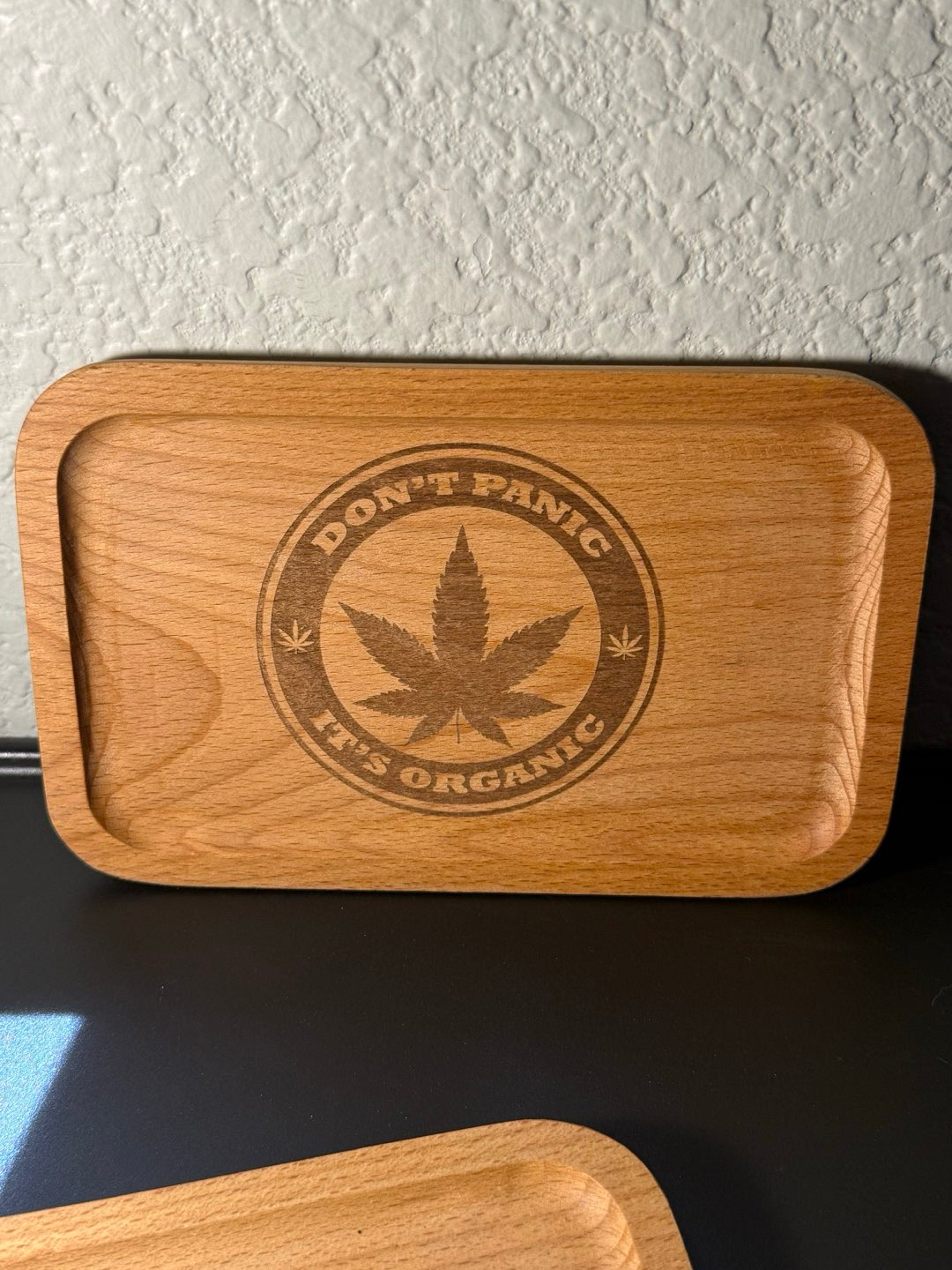 Preview pic of “don’t panic it’s organic” natural wood rolling tray