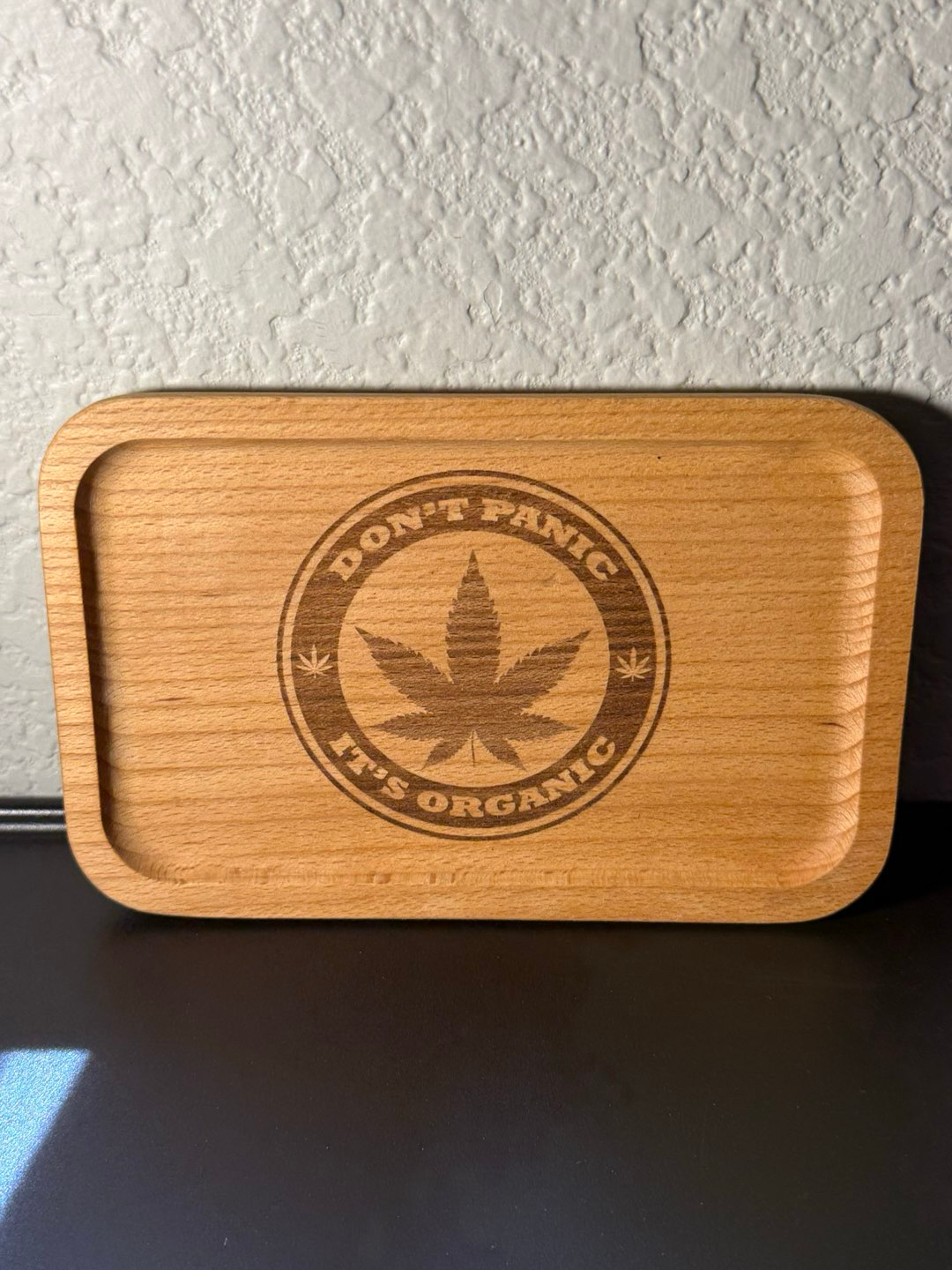 Preview pic of natural wood “don’t panic it’s organic” etched rolling tray