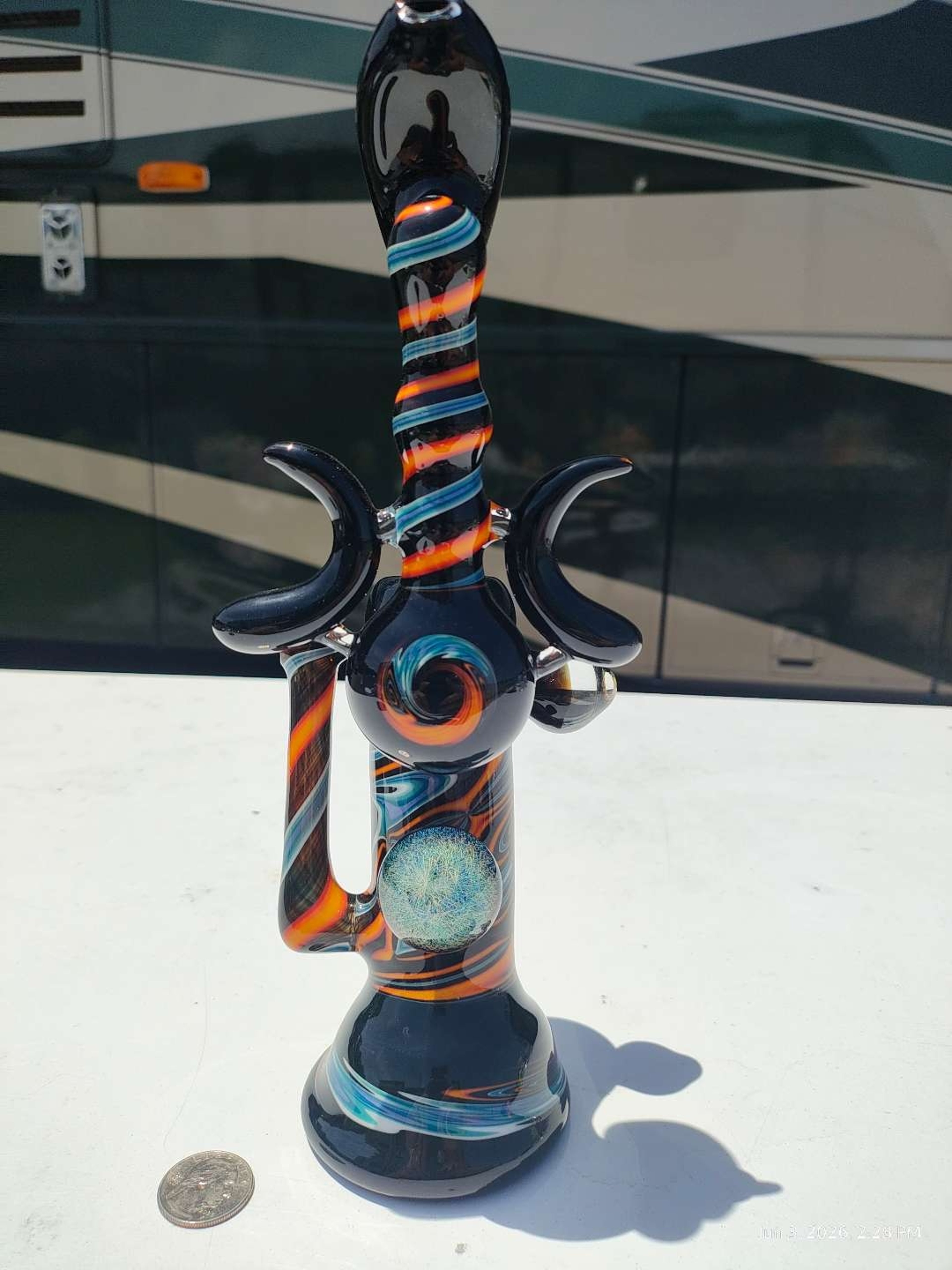 Preview pic of Signed Daddio (Daddy O) 2007 Custom Snorkel Tube | Commissioned One-Off | Implosion Marbles, Bow Tie Linework, Silver Fume Marble | American Heady Glass