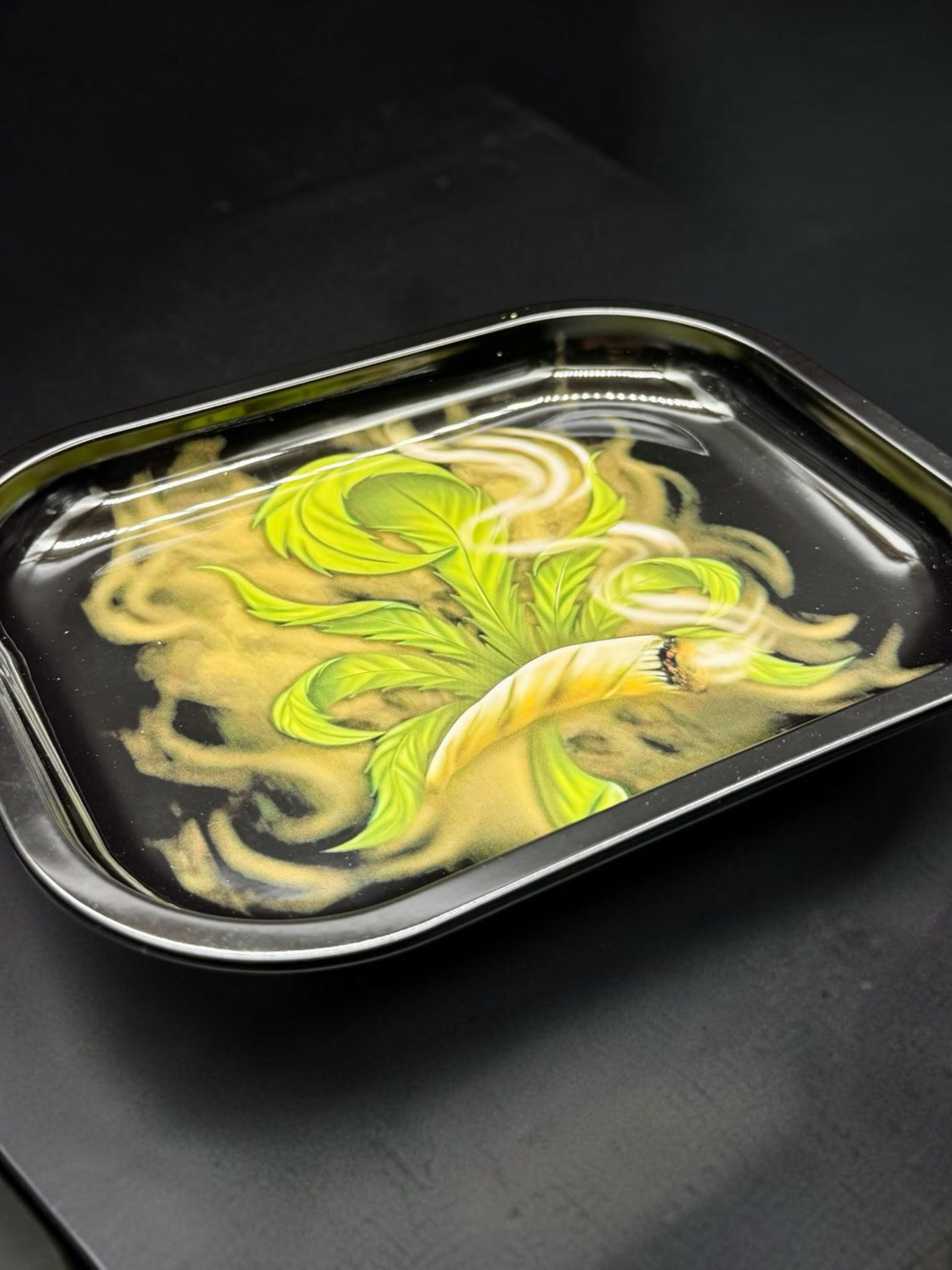 Preview pic of 7” x 5.5” Metal Rolling Tray – Green Botanical Artwork Design | Durable Pocket-Size Storage Tray