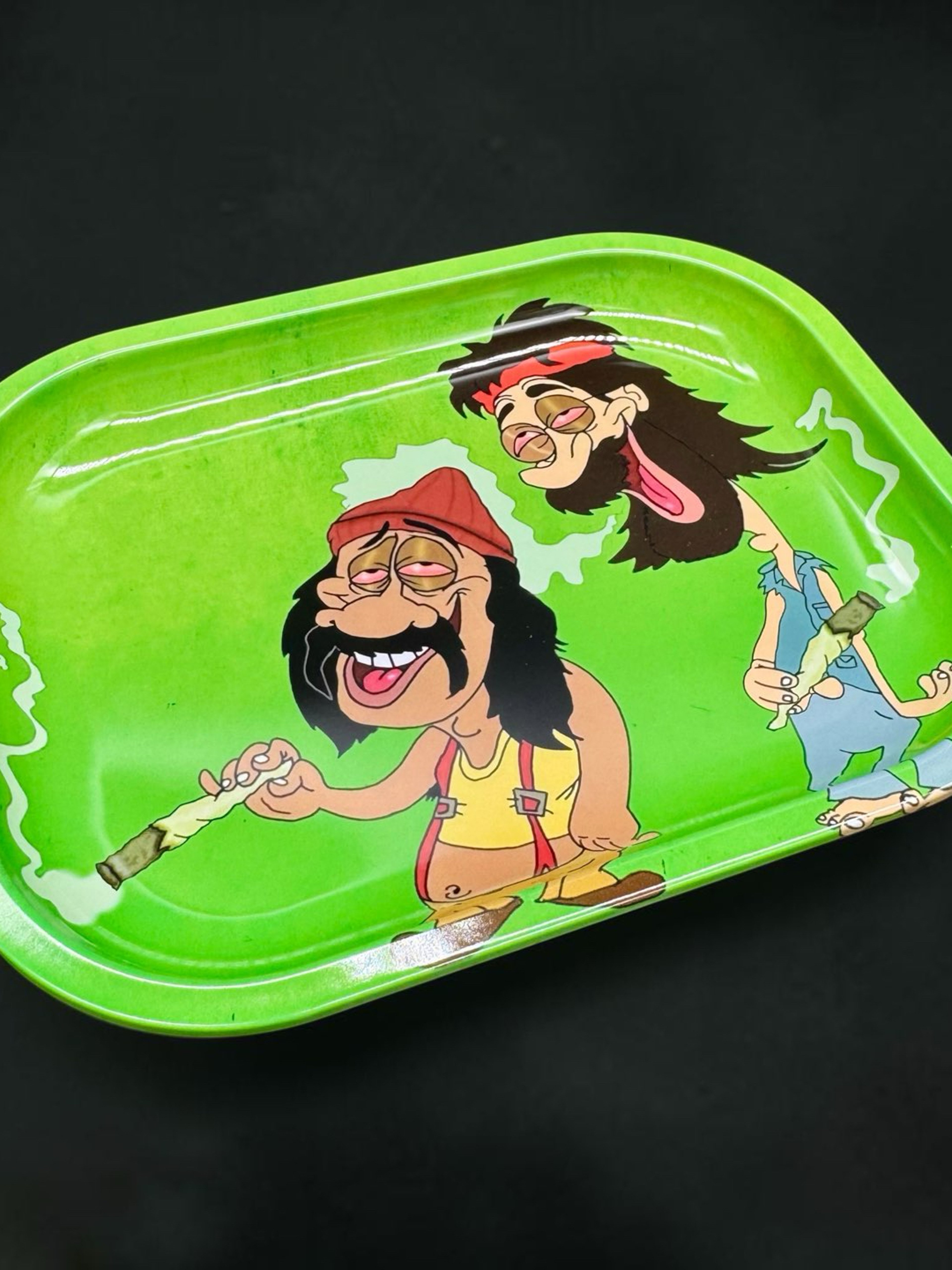 7” x 5.5” Metal Rolling Tray – Retro Cartoon Duo Design | Durable Portable Metal Tray image 0