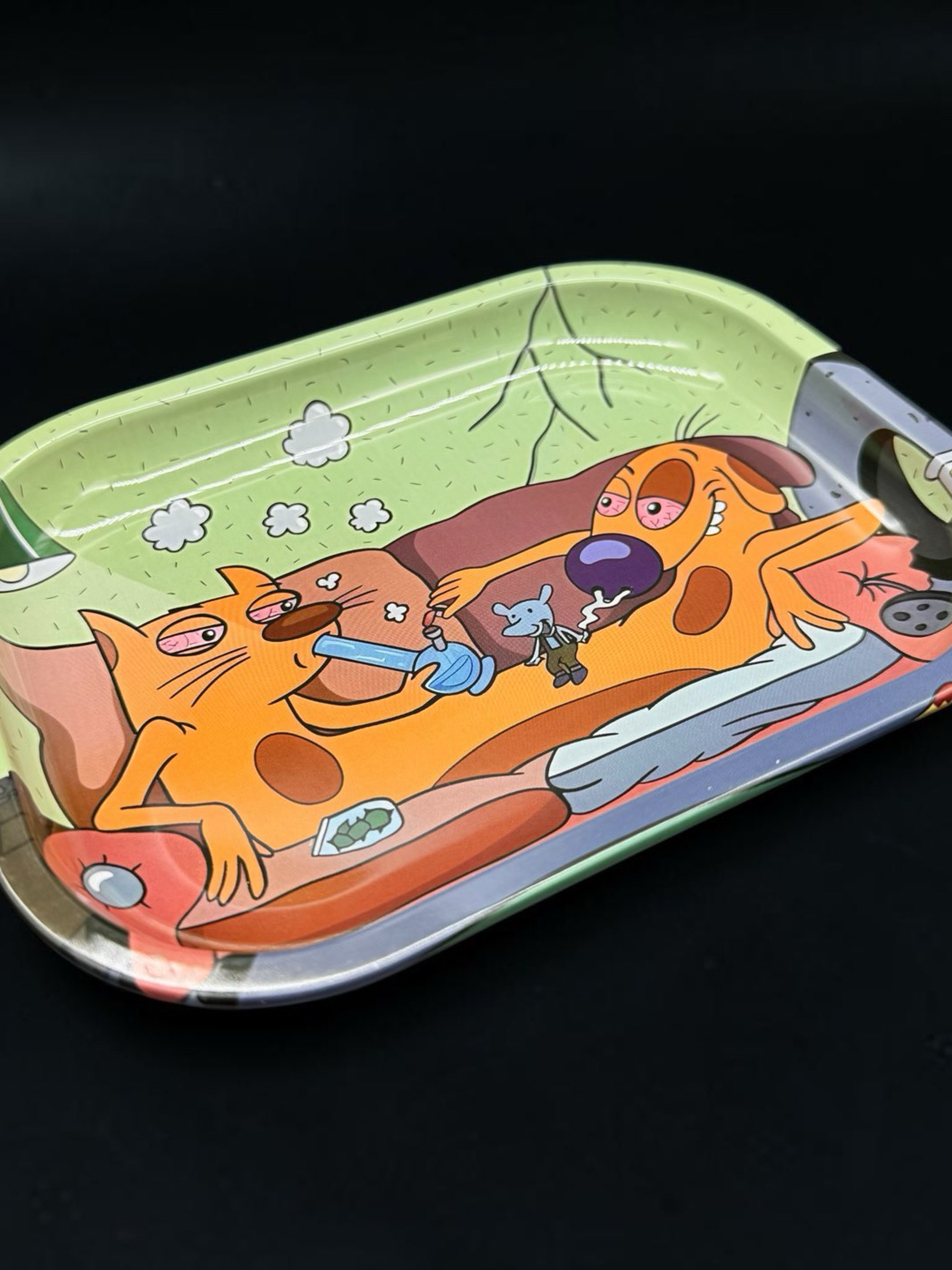 7” x 5.5” Metal Rolling Tray – Cartoon Pet Lounge Design | Durable Portable Metal Tray image 0