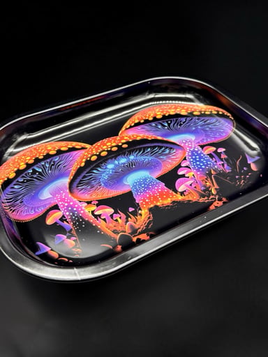 Preview pic of 7” x 5.5” Metal Rolling Tray – Neon Mushroom Forest Design | Durable Portable Metal Tray