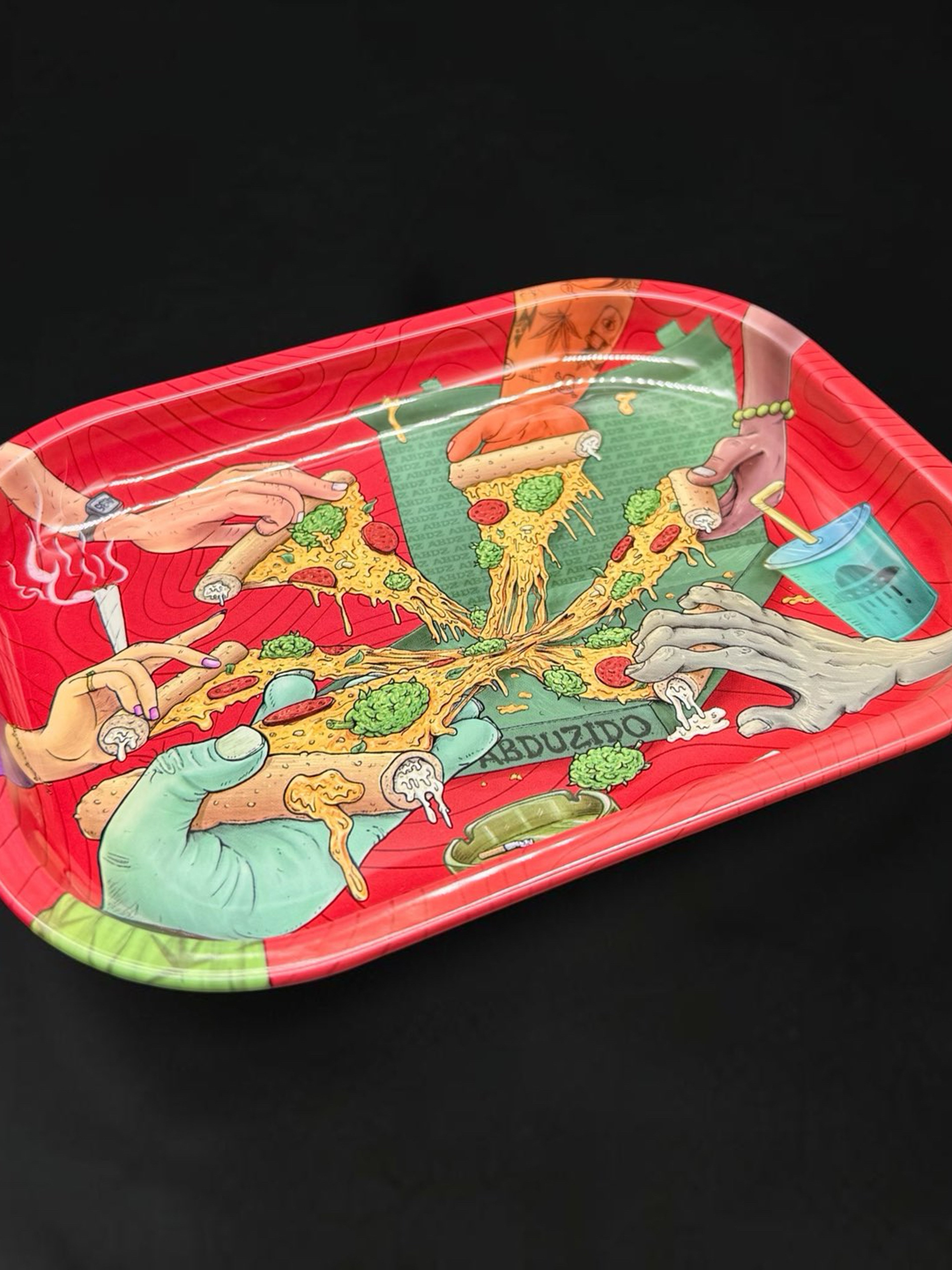 7” x 5.5” Metal Rolling Tray – Cosmic Pizza Party Design | Durable Portable Metal Tray image 0