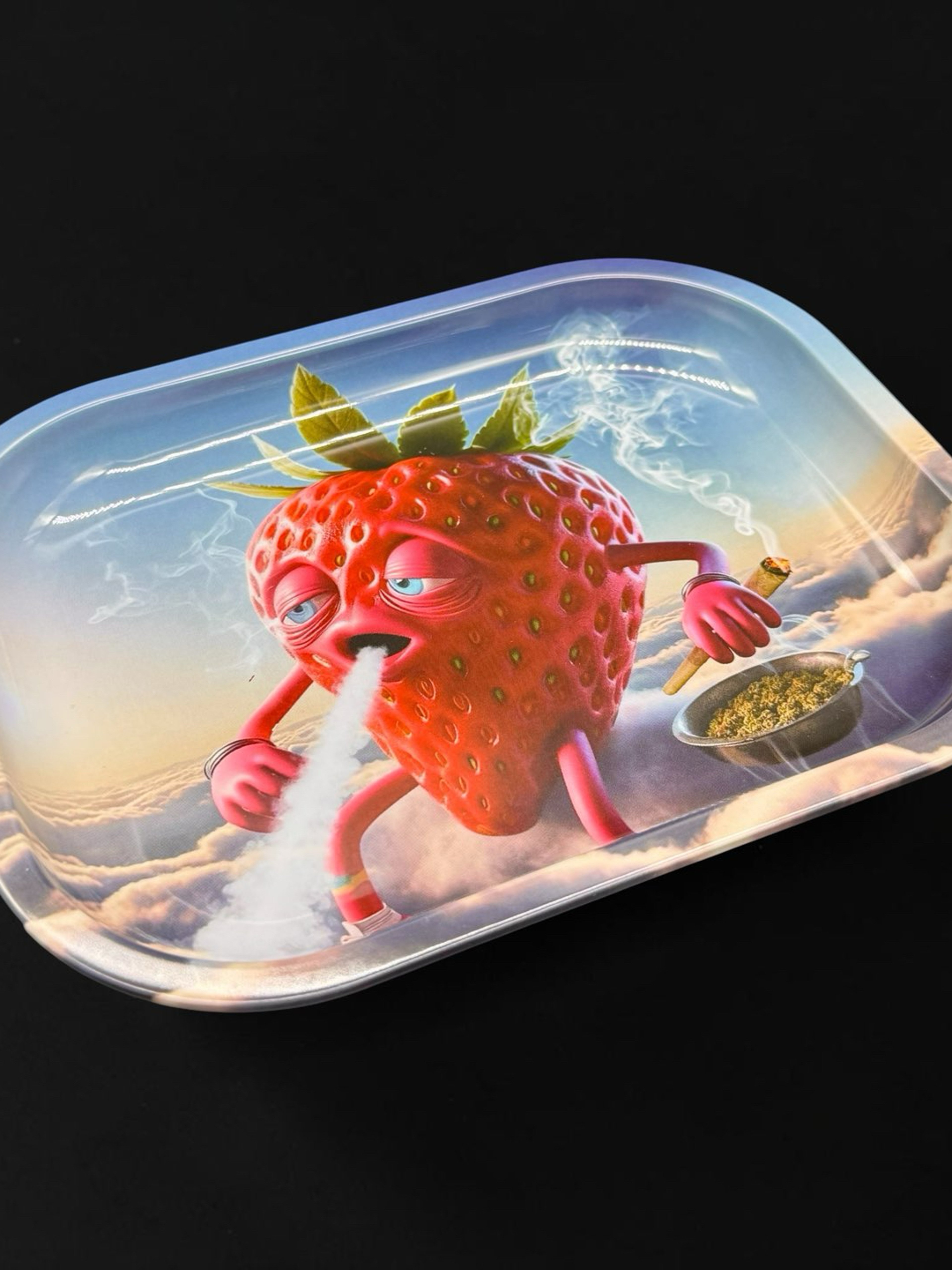 Preview pic of 7” x 5.5” Metal Rolling Tray – Strawberry Cloud Rider Design | Durable Portable Metal Tray