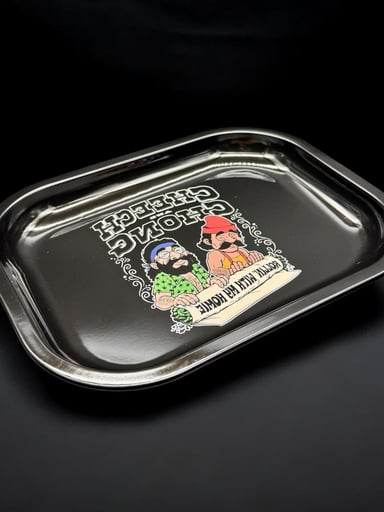 Preview pic of 7” x 5.5” Metal Rolling Tray – Retro Comedy Duo Design | Durable Portable Metal Tray