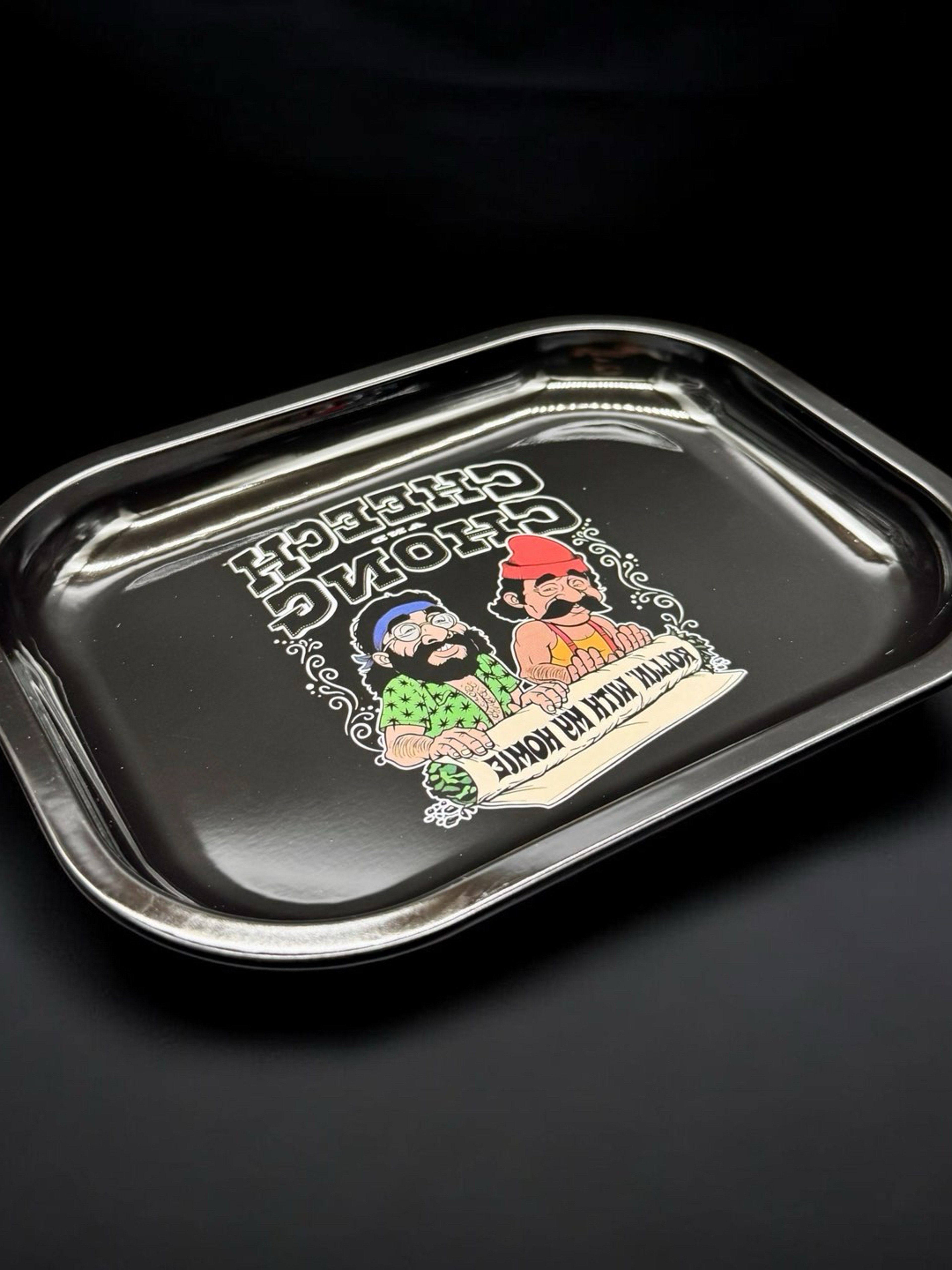 7” x 5.5” Metal Rolling Tray – Retro Comedy Duo Design | Durable Portable Metal Tray image 0