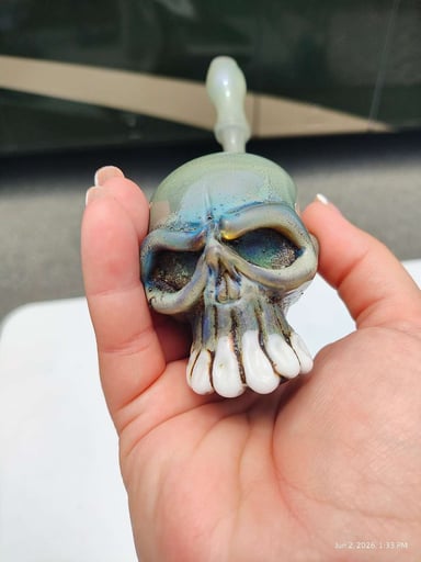 Preview pic of Signed Wusavi Skull Stand-Up Hand Pipe | Ghost Glass Studio Apprentice | WV Signature | American Heady Glass