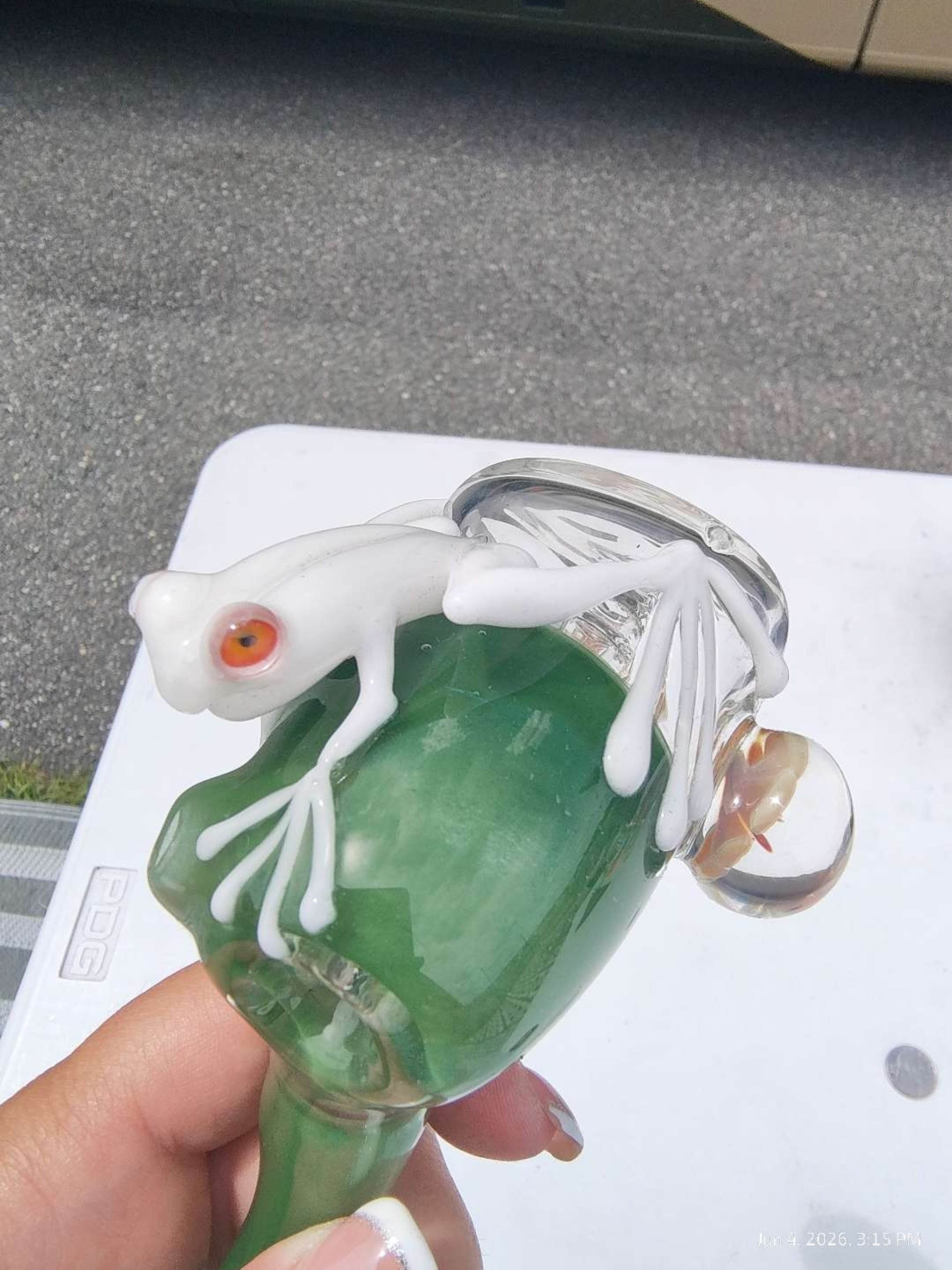 Preview pic of Christina Cody Frog Diffused Bubbler Floral Implosion Marbles Green Sculptural Heady Glass Water Pipe Purchased Direct From Artist 2010 Never Used Original Owner Provenance 8"