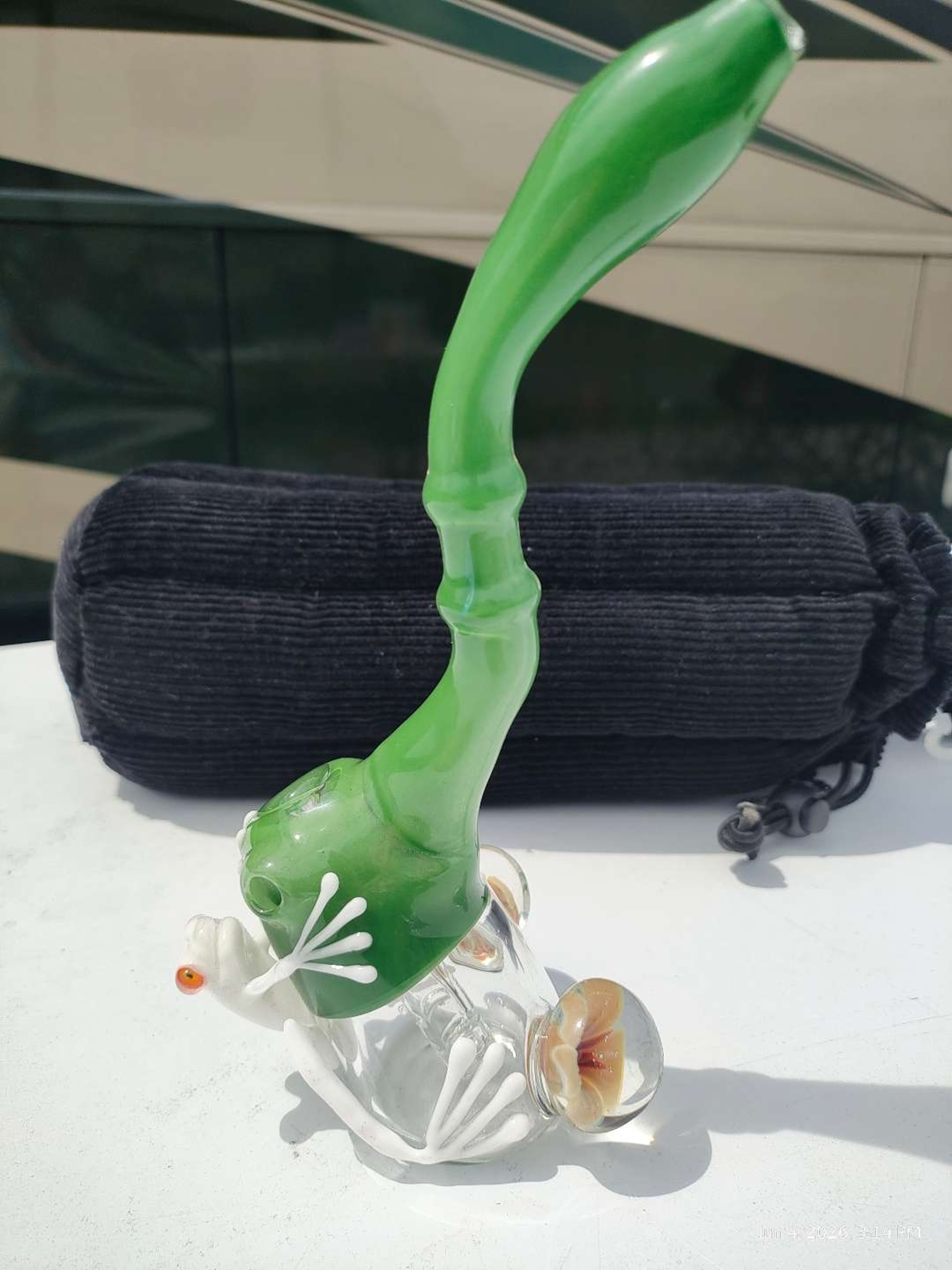 Preview pic of Christina Cody Frog Diffused Bubbler Floral Implosion Marbles Green Sculptural Heady Glass Water Pipe Purchased Direct From Artist 2010 Never Used Original Owner Provenance 8"