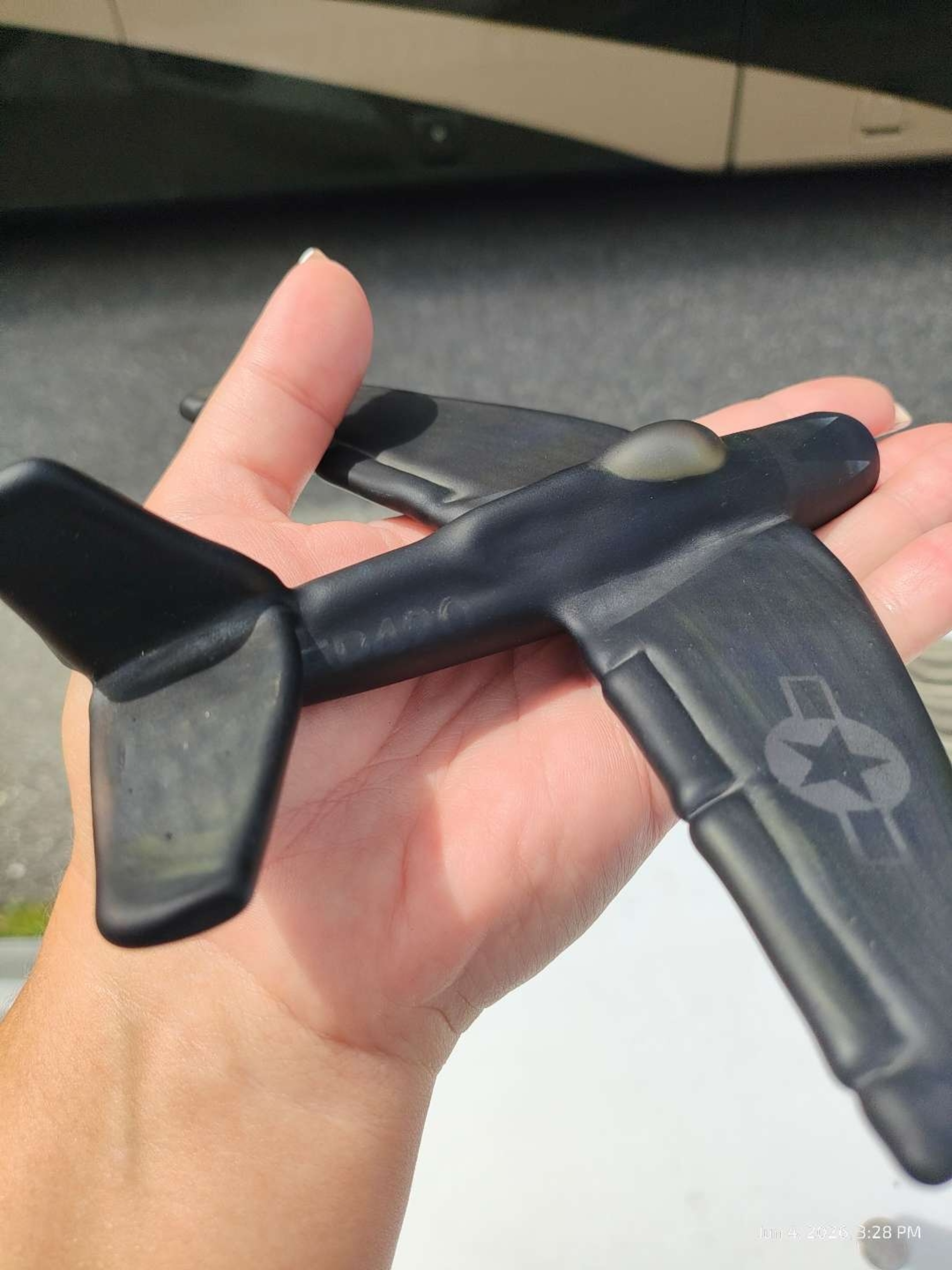 Preview pic of American Heady Glass Fighter Jet Airplane Chillum Matte Black Aviation Military Themed Sculptural Art Glass Collectible Liberty 503 Attribution Unconfirmed Includes VATRA Case