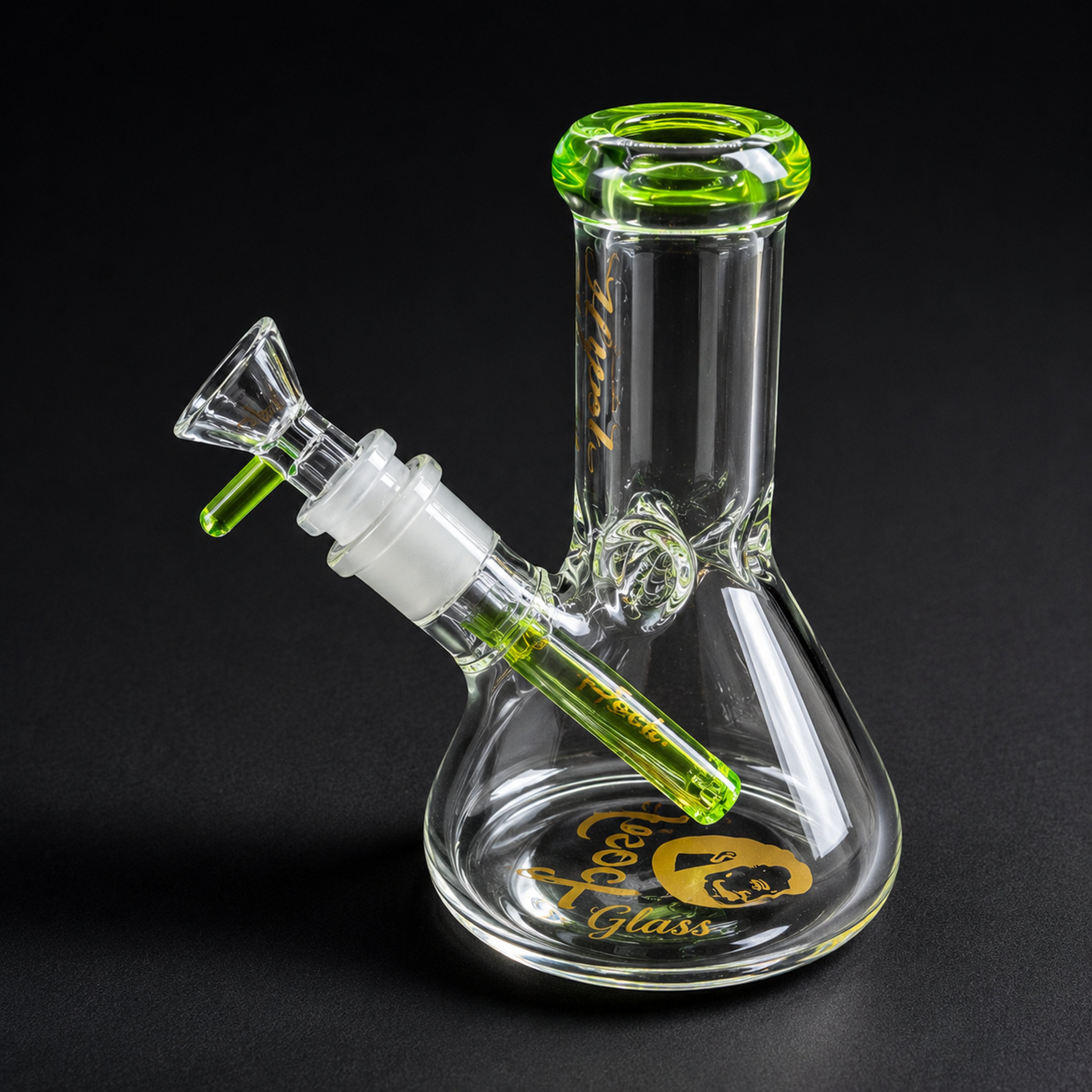 Preview pic of Hipster Mini Beaker Bong – 6” Glass Water Pipe w/ Downstem & 14mm Bowl (Green Accents)