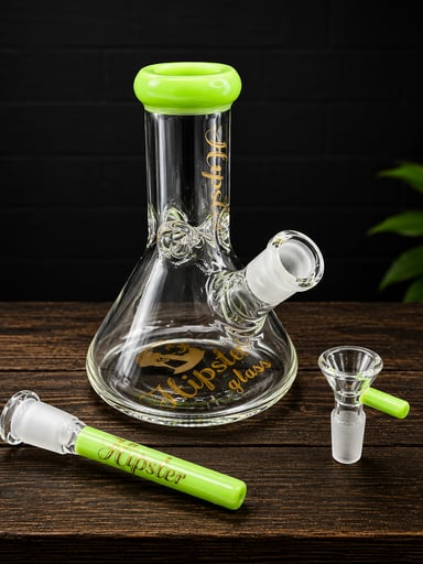 Preview pic of Hipster Mini Beaker Bong – 6” Glass Water Pipe w/ Downstem & 14mm Bowl (Milk Green Accents)