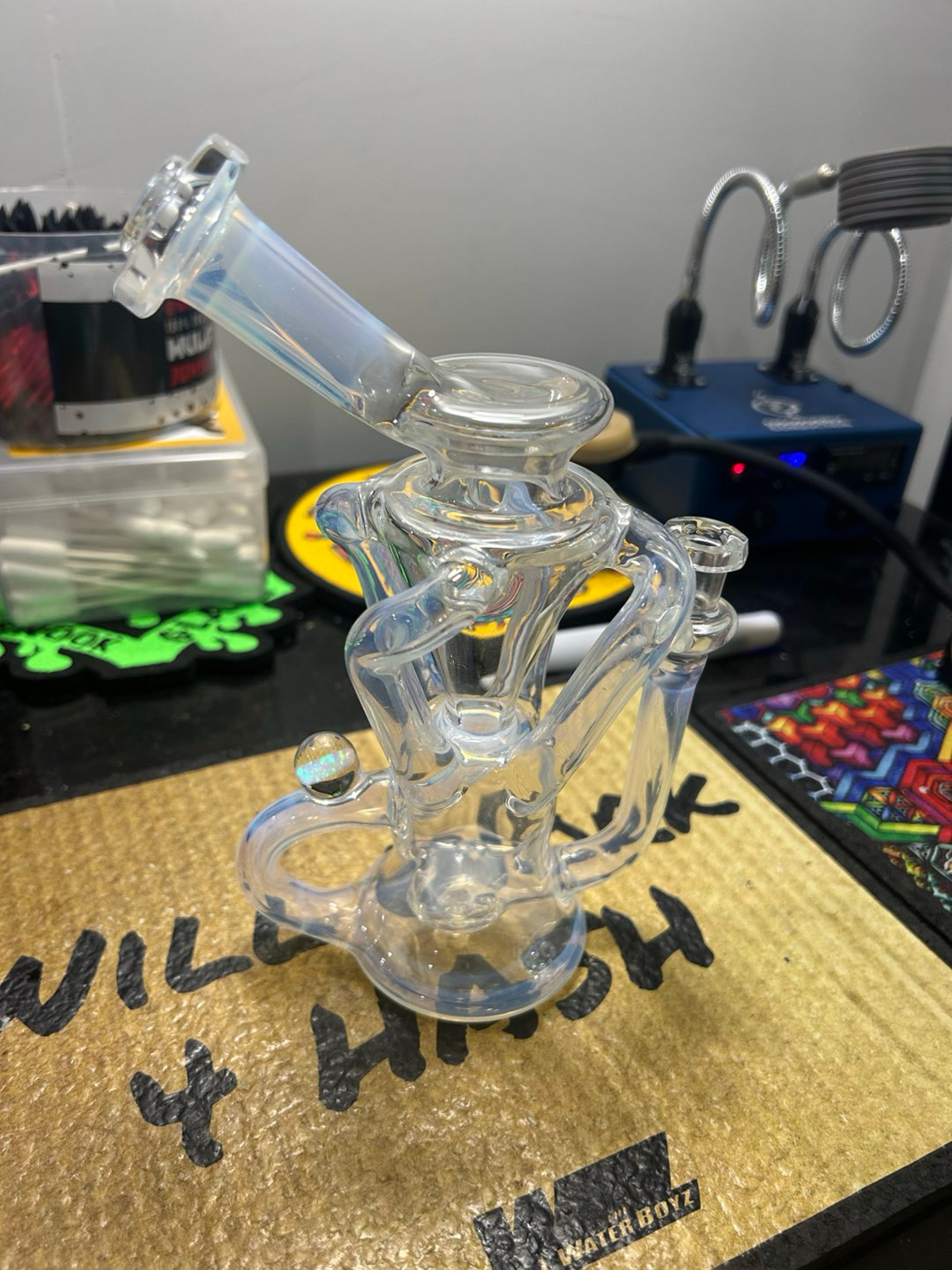 Preview pic of OTW glass quad klein with faceted mouthpiece and joint ghost color accented 10/90