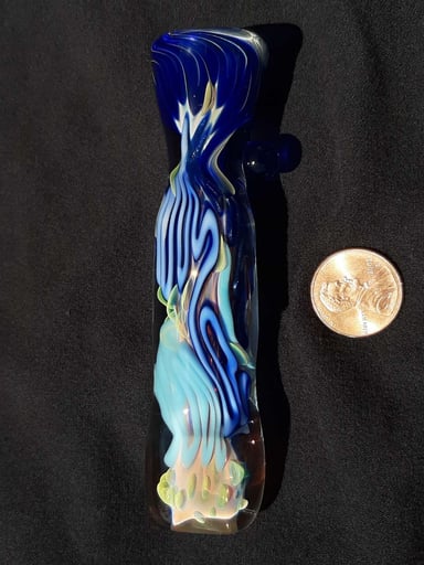 Preview pic of Inside out, color changing, borosilicate glass chillum with a flattened mouth.  FREE SHIPPING