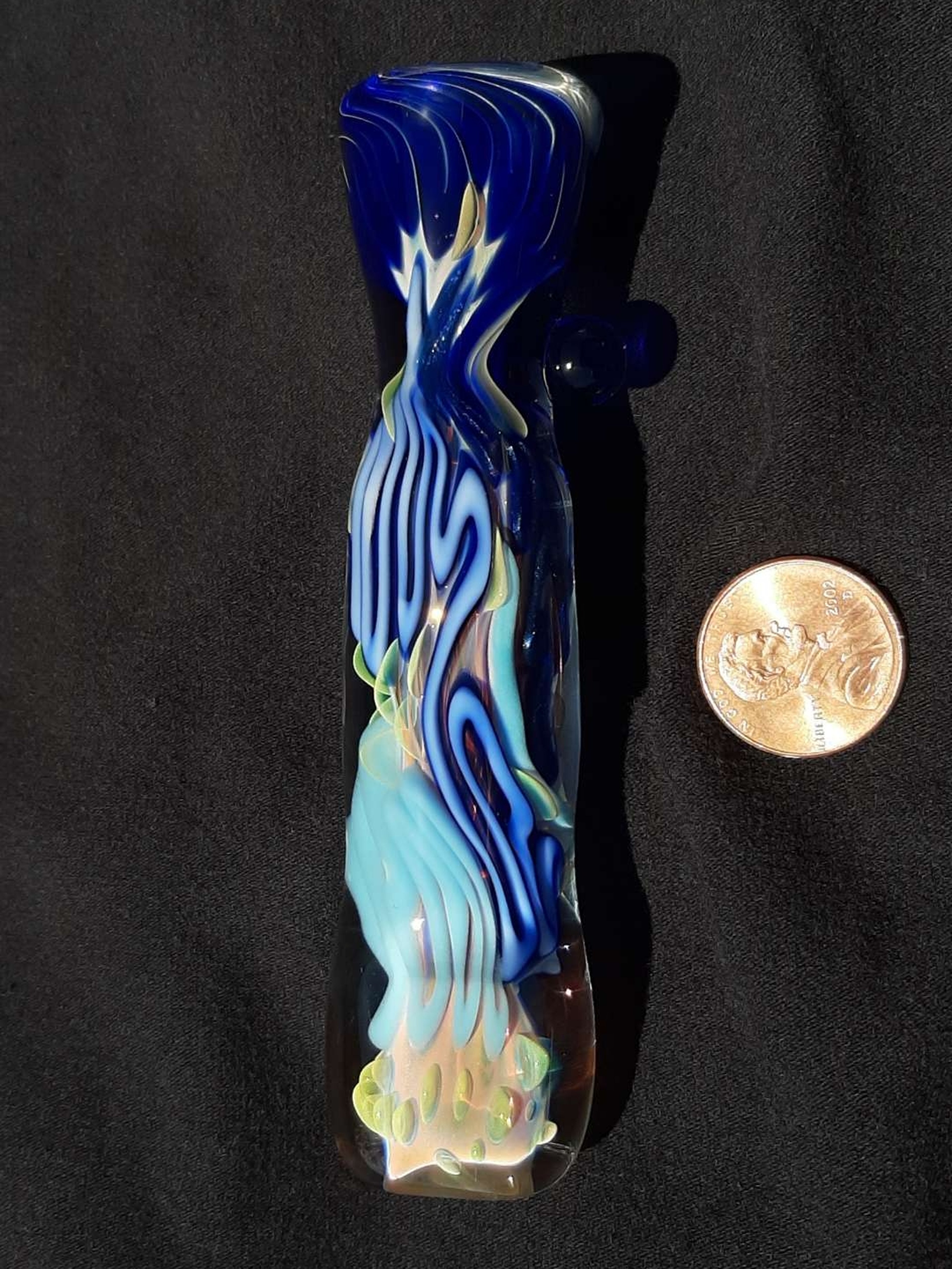 Inside out, color changing, borosilicate glass chillum with a flattened mouth.  FREE SHIPPING image 0