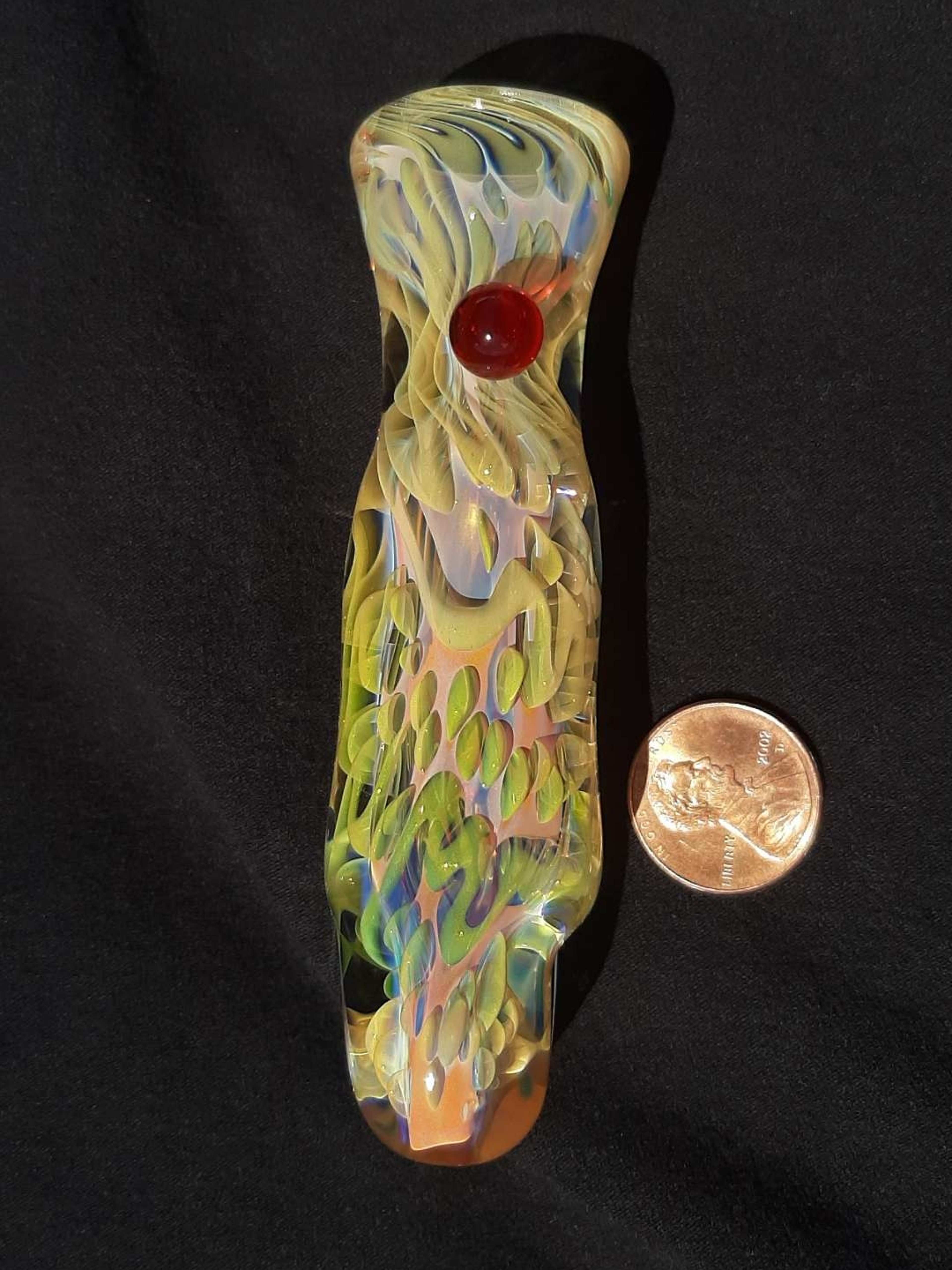 Preview pic of Inside out, color changing, borosilicate glass chillum with a flattened mouth. FREE SHIPPING