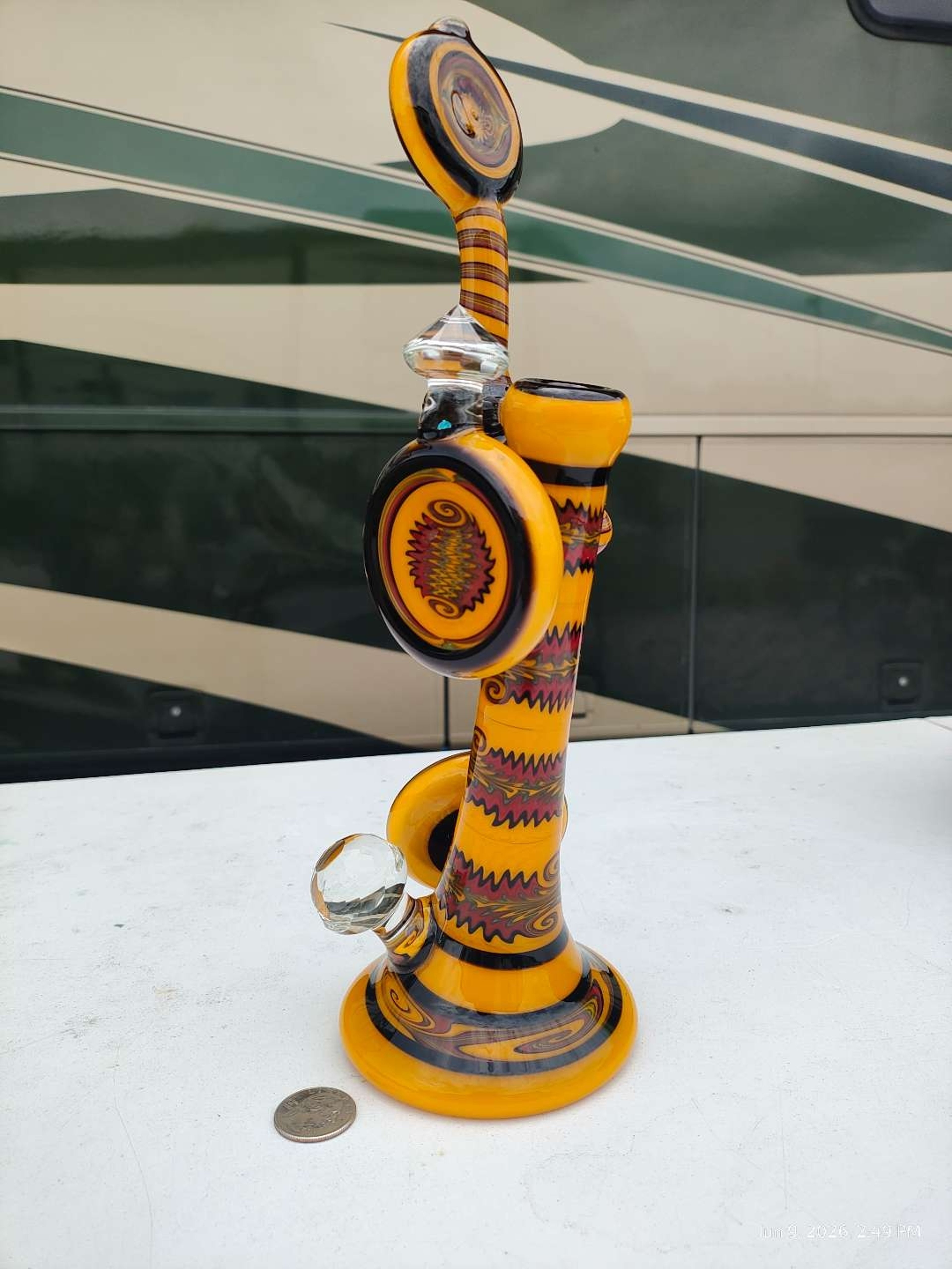 Preview pic of Circa 2010 Fro Custom 11" Snorkel Bubbler | 2 Opals | Dual Wig Wag Medallions | Faceted Marble & Top | Yellow/Black Heady Glass