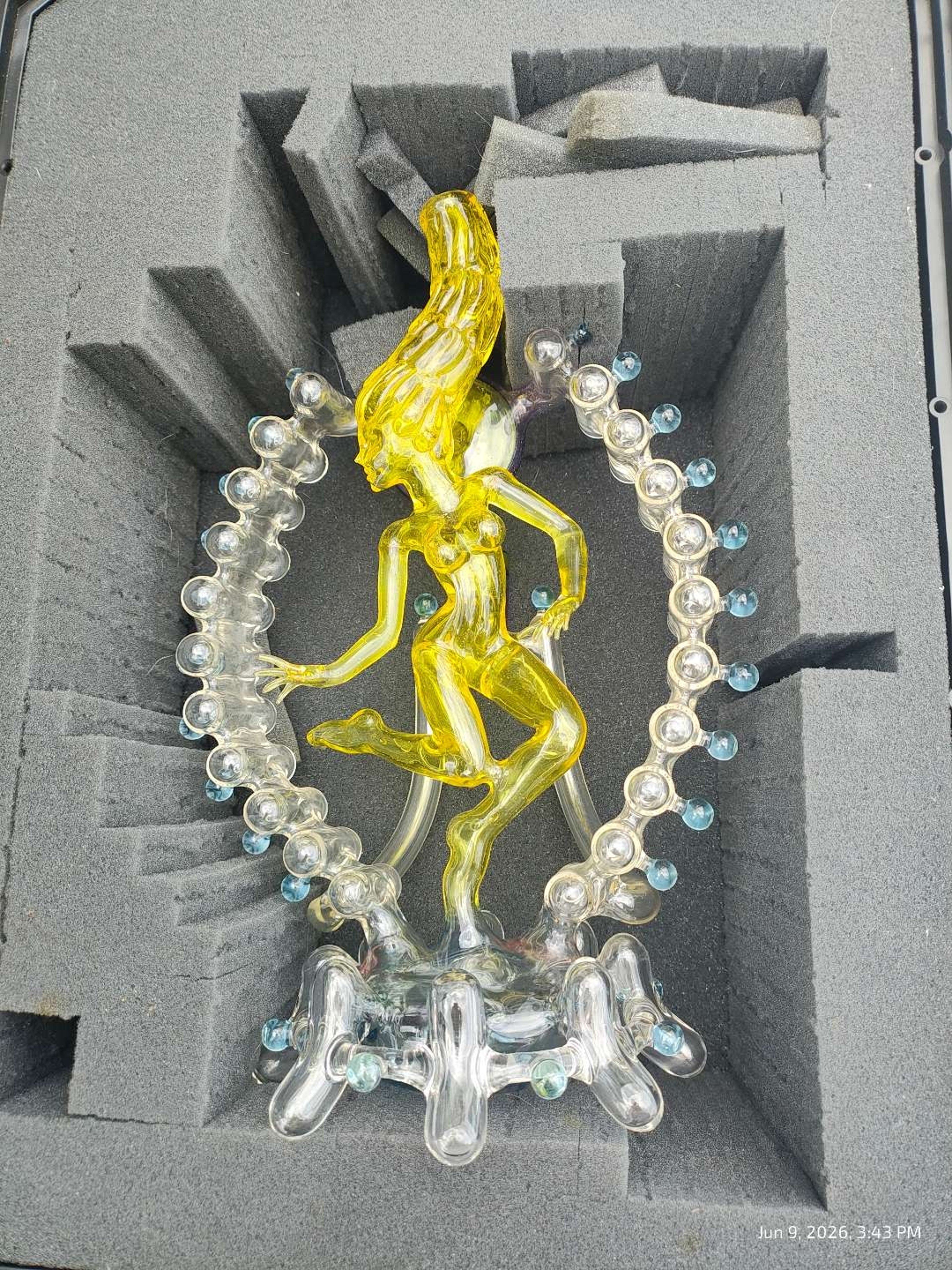 Preview pic of RAM Mickelsen "Fire Goddess" 14" UV Reactive Functional Sculpture Water Pipe w/ Removable Hair Mouthpiece, Bubble Halo, Side Perc, Original Custom Case, Direct Artist Purchase