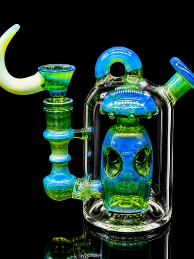 Preview pic of 6” Mini Recycler Bong with 14mm Horn Slide – Green & Blue UV Reactive Glass