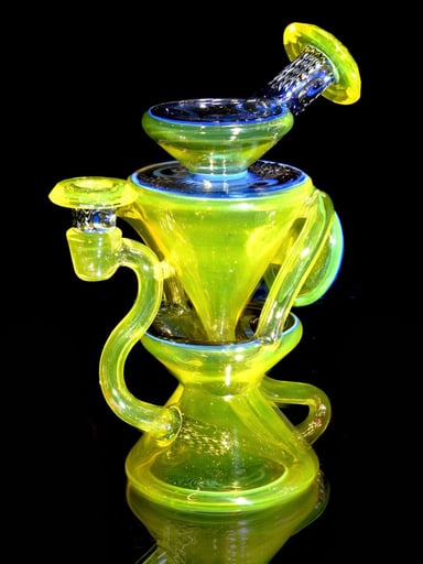 Preview pic of Capt’n Cronic - Faceted Two & Through Double-uptake Floating Recycler - CFL Serum over Lemon Drop/Crushed Opal Electrum Linework - 10mm Female