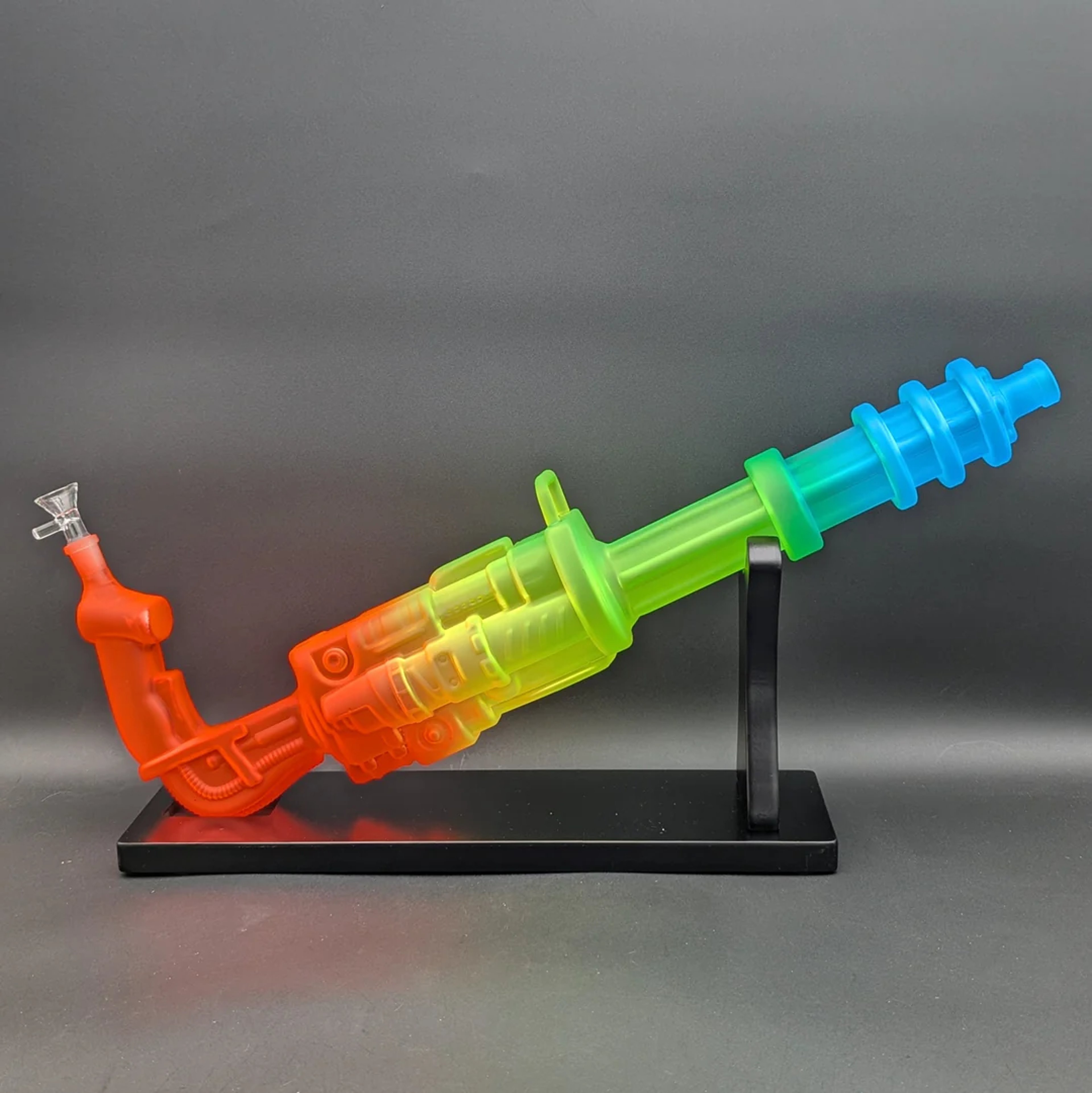 23" RAINBOW FROSTED GATLING GUN BONG W/ WOOD STAND image 0