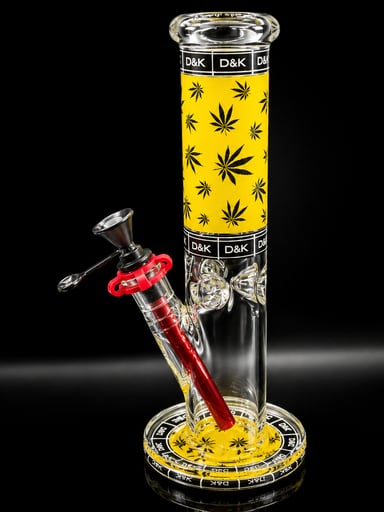 Preview pic of 12” D&K Straight Glass Bong – Yellow Leaf Design with Metal Bowl