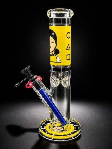 Preview pic of 12” Squid Game Straight Glass Bong – Yellow Design with Metal Bowl